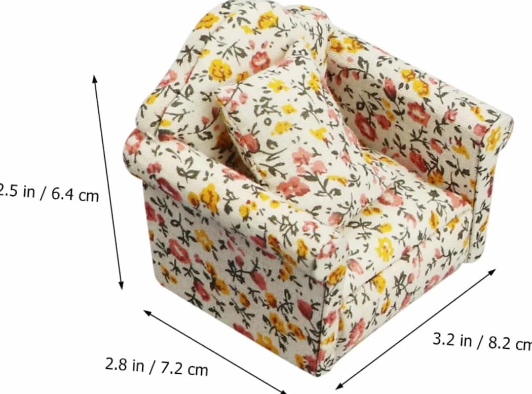 LATRAT Sofa do domku dla lalek, 1:12, miniaturowy mebel, model tkaniny, wzór kwiatowy, kanapa, fotel z poduszkami, akcesoria, wzór kwiatowy, zestaw mini mebli na sofę z poduszką pod plecy, żółte