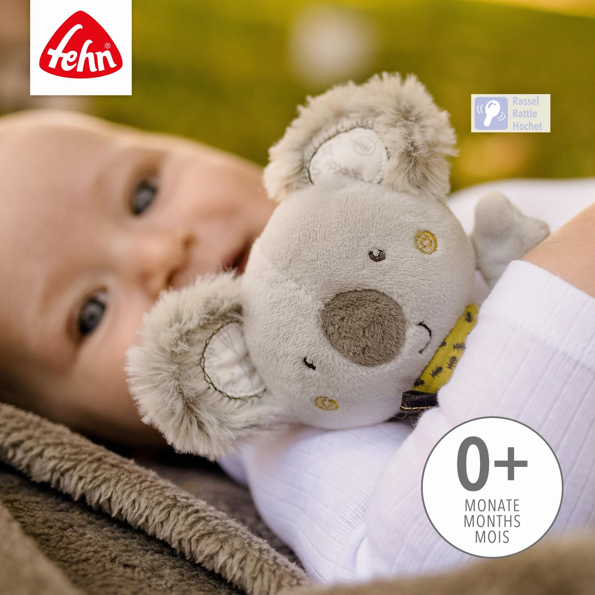 Fehn Pierścień z Motywem Koala - Przytulanka dla Niemowląt z Grzechotką - Zabawka Motoryczna do Nauki i Zabawy - Pluszowa Pomoc w Zasypianiu