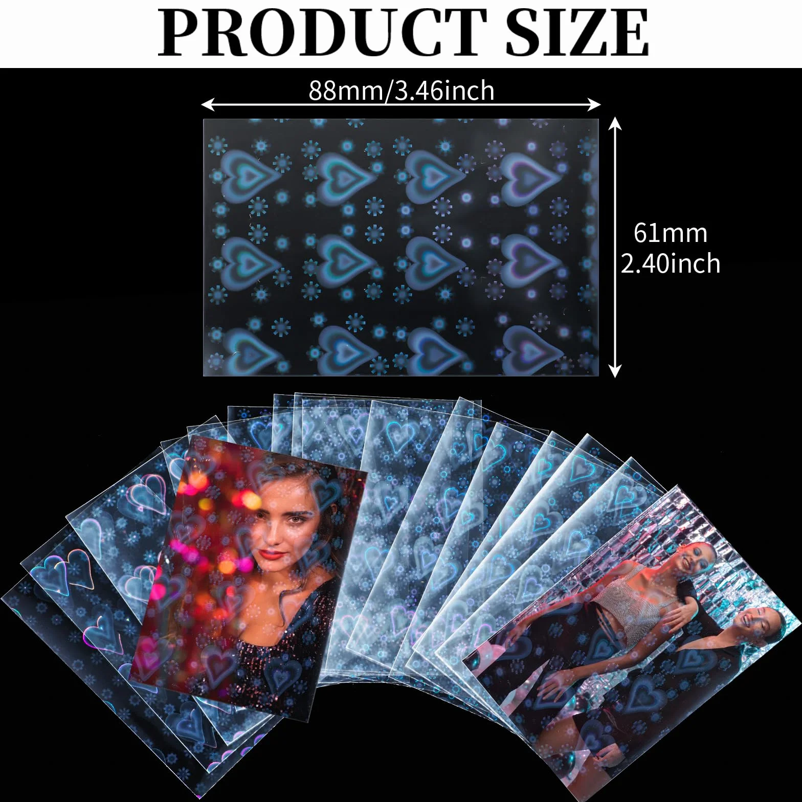 100 sztuk laserowych rękawów na karty, 61 x 88 mm, Photocard Soft Sleeves, etui na karty, przezroczysta folia ochronna na karty fotograficzne, etui na karty kolekcjonerskie (serce)