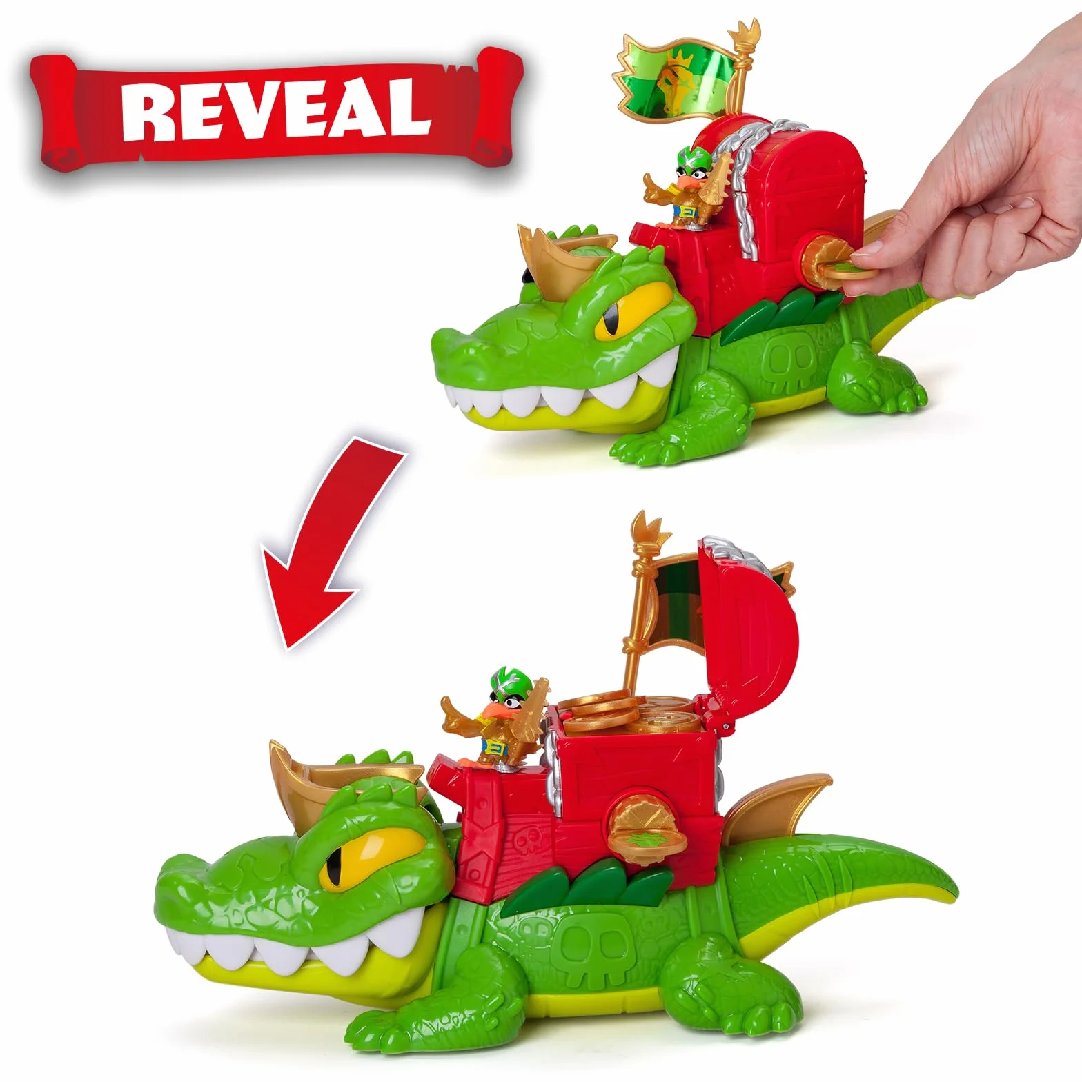 PIRATIX King Croc – krokodyl z ruchomą paszczą do chwytania Piratixów ze skrzynią na skarby. Zawartość:1 krokodyl, 1 extra moneta, 2 dodatkowe złote monety,1 ekskluzywny Piratixa i 1 akcesorium.