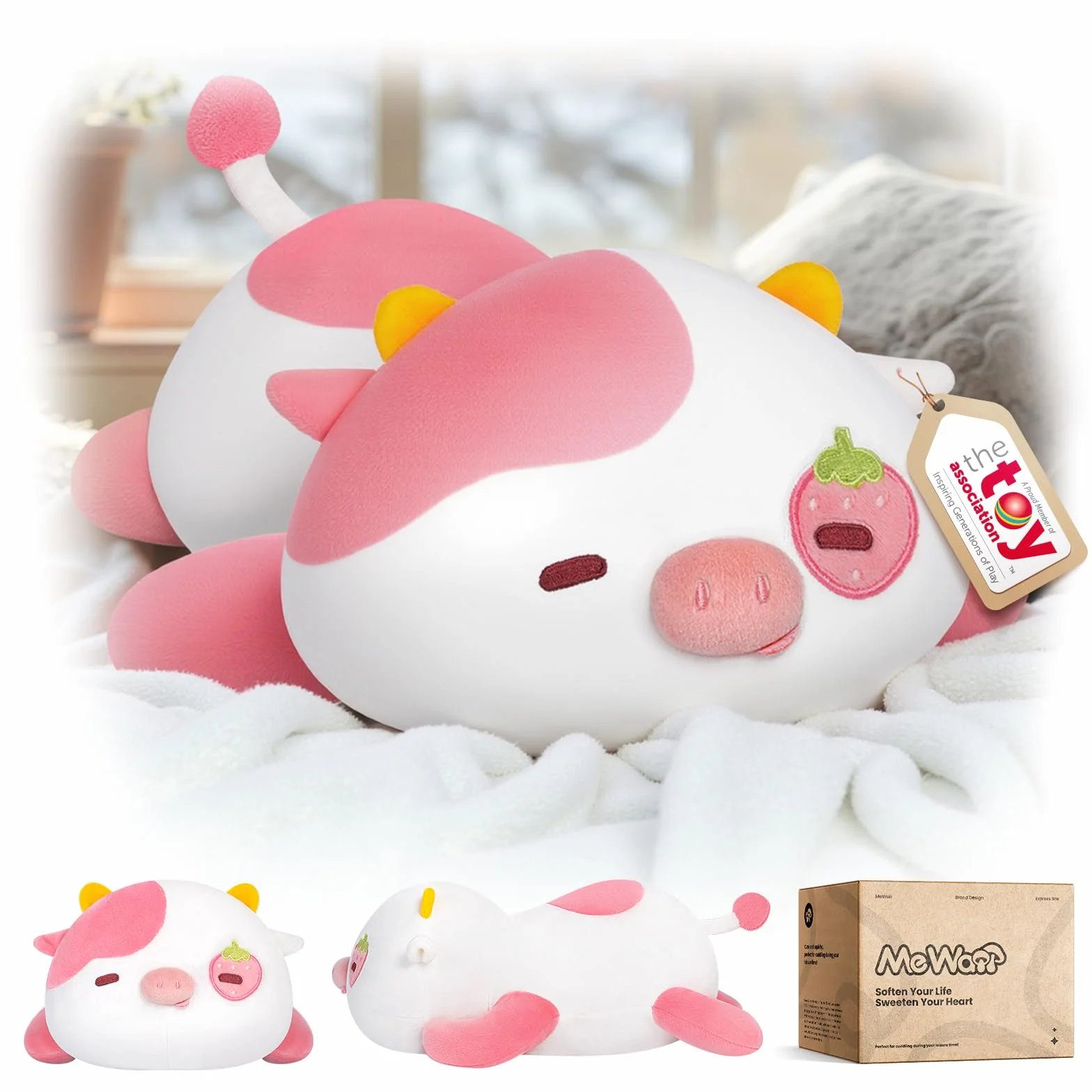 Mewaii Pluszowa urocza krowa 13 cali, poduszka kawaii w kształcie truskawkowej krowy, miękka pluszowa poduszka dla dzieci, przytulanka antystresowa, oryginalny pomysł na prezent