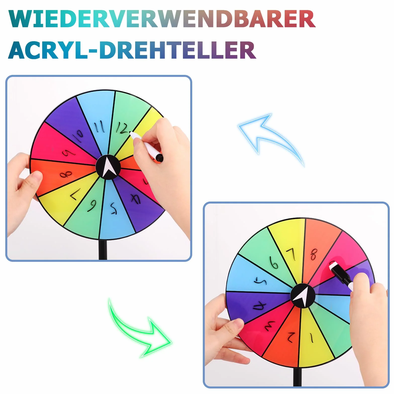 Koło szczęścia do obracania, 20 cm, wielokrotnego użytku, 12 kółek do spinningu, do samodzielnego ozdobienia, z markerem i zdejmowanym stojakiem, na imprezę targową, karnawał
