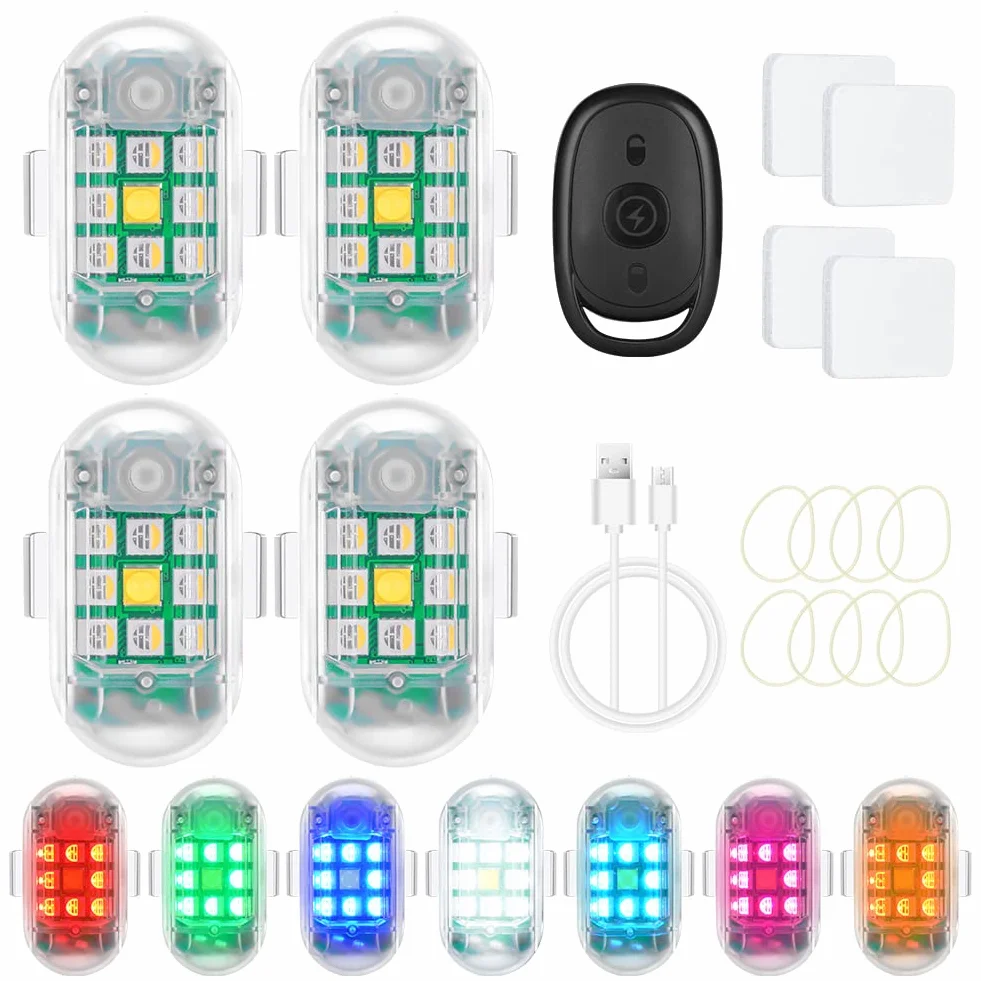 Ainiv Dron stroboskopowy, 4 sztuki, 7 kolorów, lampka nocna LED, alarm ostrzegawczy, antykolizyjny, ładowanie przez USB, lampy błyskowe do motocykla, samochodu RC, łodzi RC, drona