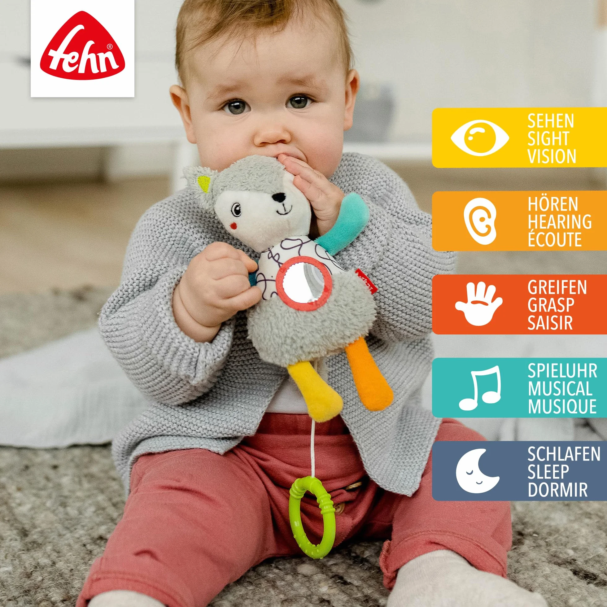 Fehn Mini-Spieluhr Fuchs – Kuscheltier & Einschlafhilfe mit Spiegel & herausnehmbarem Spielwerk – Melodie „Weißt du wieviel Sternlein stehen“ – zuhause & unterwegs – für Babys & Kinder ab 0+ Monaten