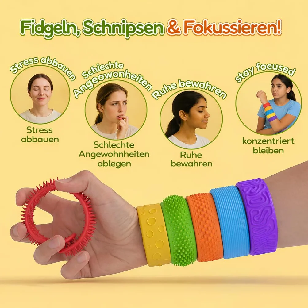 Teksturowane bransoletki dla dzieci i dorosłych, 6 sztuk, zabawki antystresowe, zabawki sensoryczne dla dzieci z autyzmem, ADHD Anxiety Aid, nagrody klasowe, do biura, dla chłopców i dziewczynek