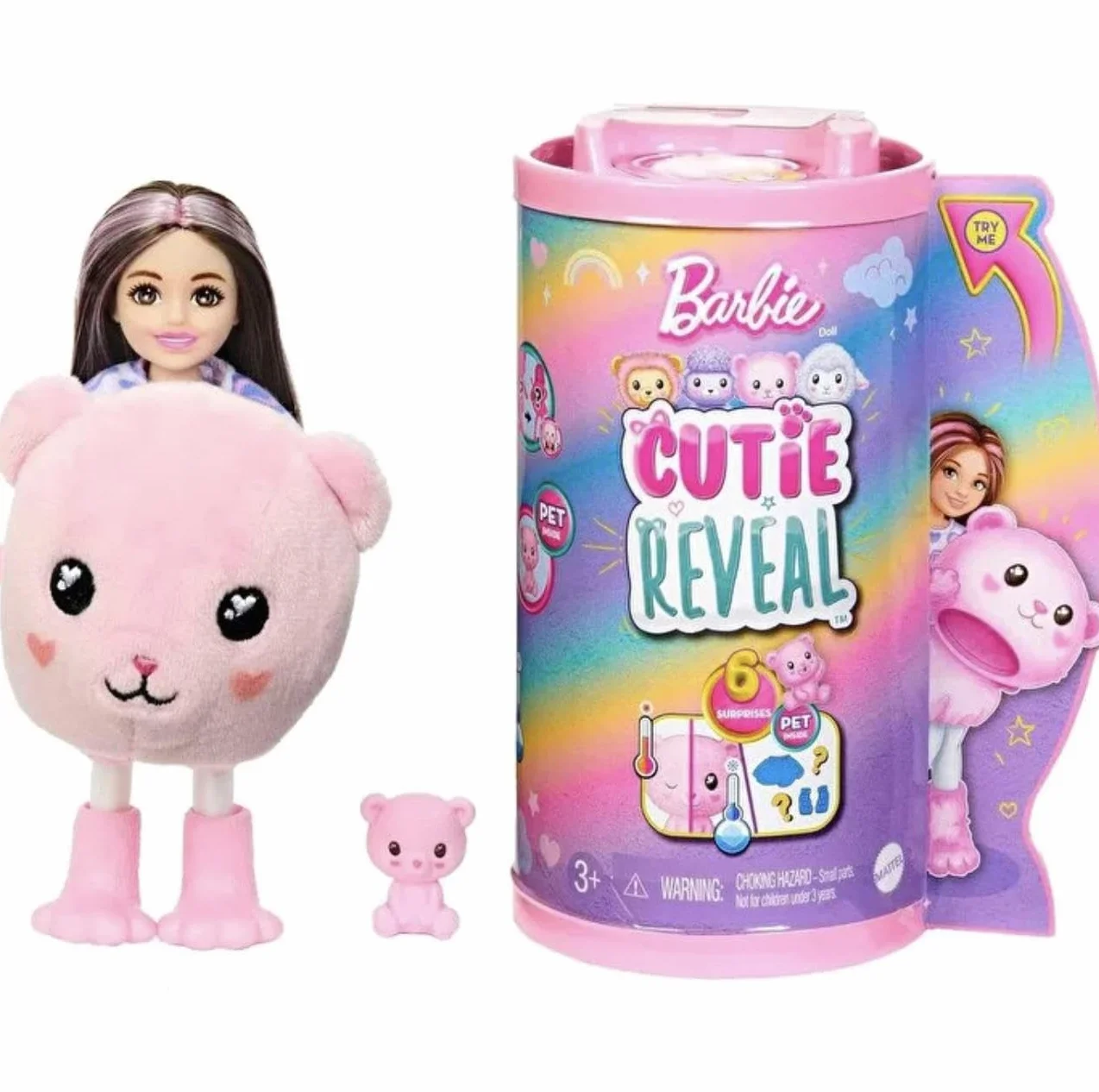 Barbie Cutie Reveal Chelsea Miś Lalka Seria Słodkie stylizacje Mała lalka w kostiumie misia z 6 niespodziankami, w tym zmianą koloru, HKR19