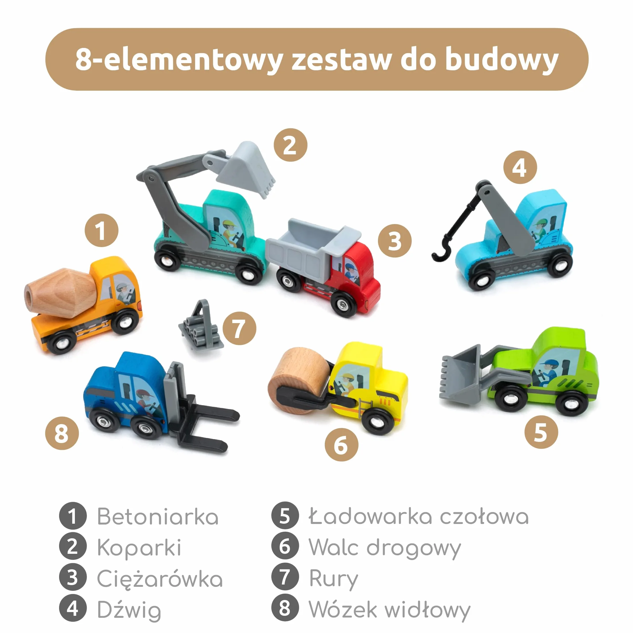 UMU® Drewniany zestaw do zabawy dla dzieci, kompatybilny z Brio World i innymi markami, zawiera koparkę, dźwig, wałek i wiele innych, 8 szt., od 3 lat