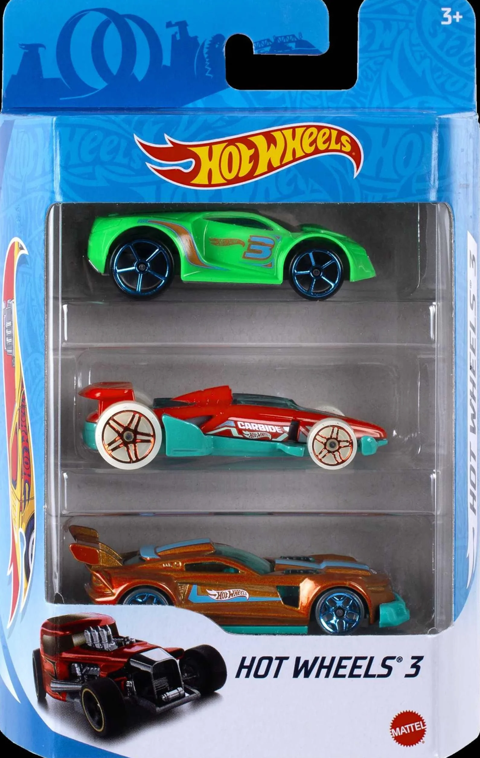 Hot Wheels Zestaw 3 samochodów (Jeden losowy zestaw z asortymentu), kolekcja pojazdów w skali 1:64 z obracającymi się kołami, sportowe i klasyczne auta, zabawka dla dzieci od 3 lat, K5904