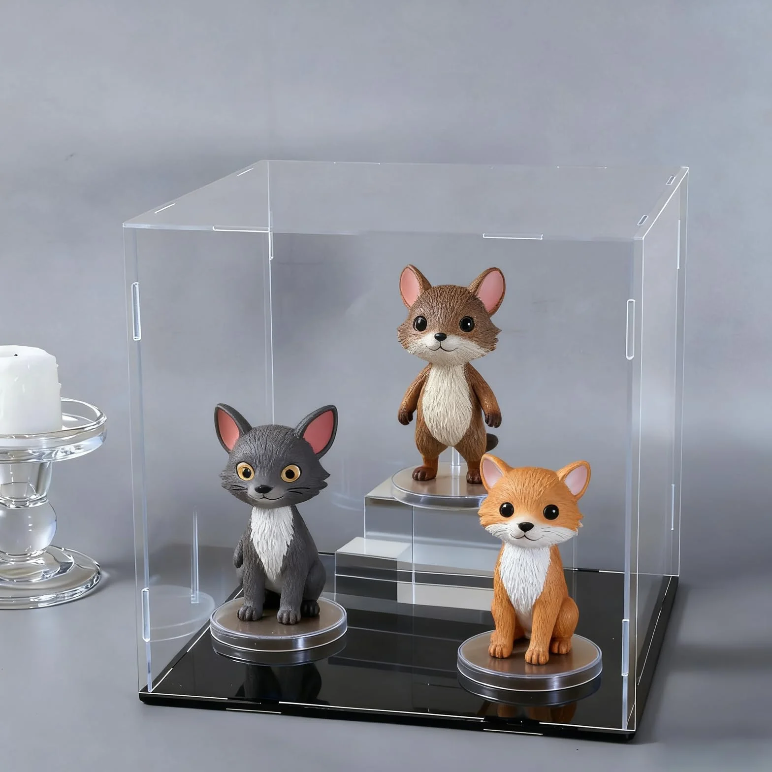 ZhouWei Teca Plexiglass, przezroczysta wystawa z pleksiglasu pyłoszczelna, akrylowa wystawa ekspozycyjna witryna do modelowania z czarną podstawą, do zabawek kolekcja figur (15 × 15 × 15 cm)