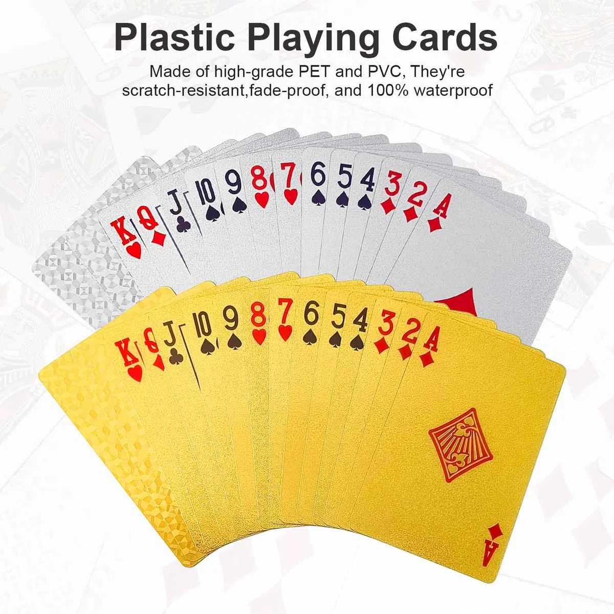 Wodoodporne karty do gry 2 zestawy, złote i srebrne, premium karty pokerowe z plastiku PET+PVC, z diamentowym teksturowaniem, trwałe i luksusowe wzornictwo do blackjacka, UNO, gier karcianych