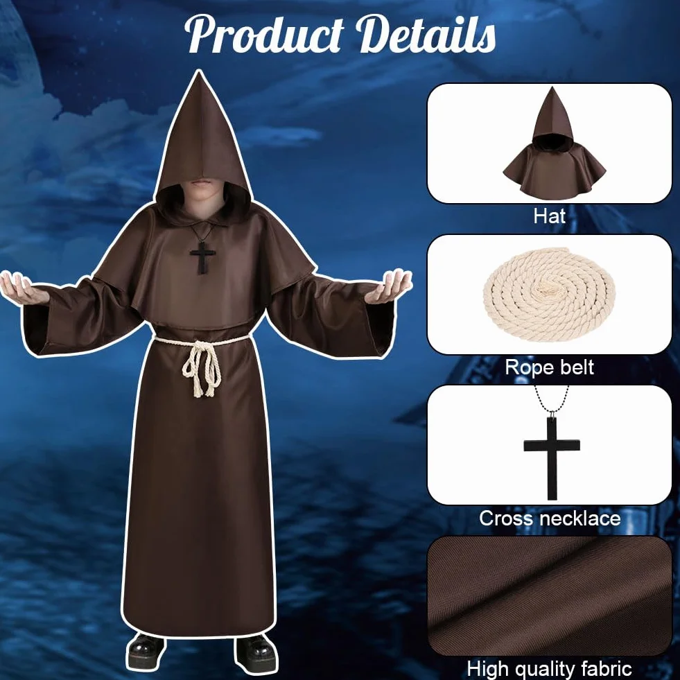 AUYAO Kostium mnicha dla dzieci, szlafrok cosplay, fantazyjny kostium, średniowieczny szlafrok z kapturem, renesans, płaszcz z kapturem, rycerz, vintage, niegodziwy kostium, Halloween, karnawał