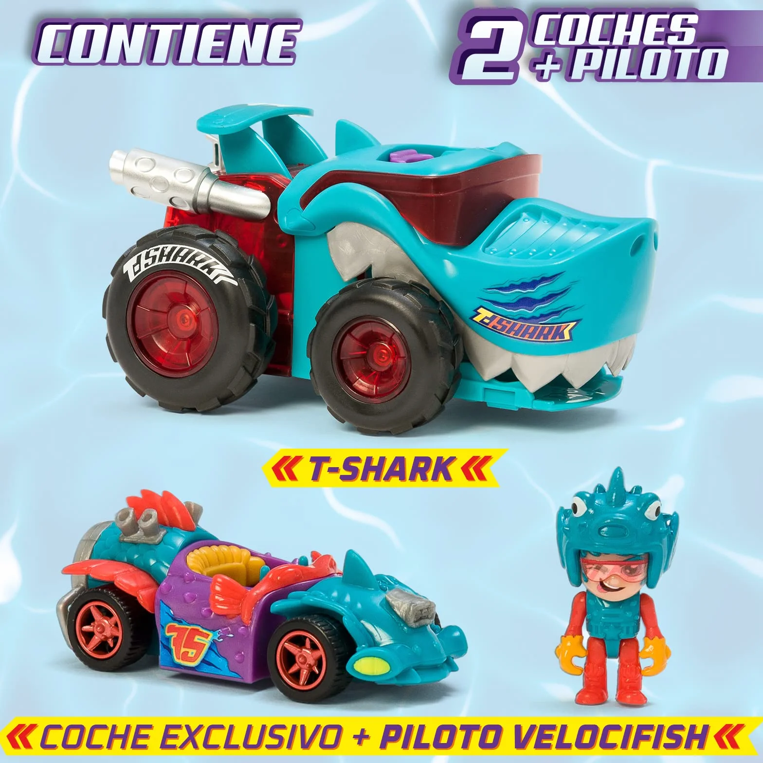 T-Racers Mega Wheels T-Shark, Wyrzutnia samochodów z 1 ekskluzywnym kierowcą i 1 ekskluzywnym pojazdem. Kompatybilny z innymi samochodami z serii T-Racers.