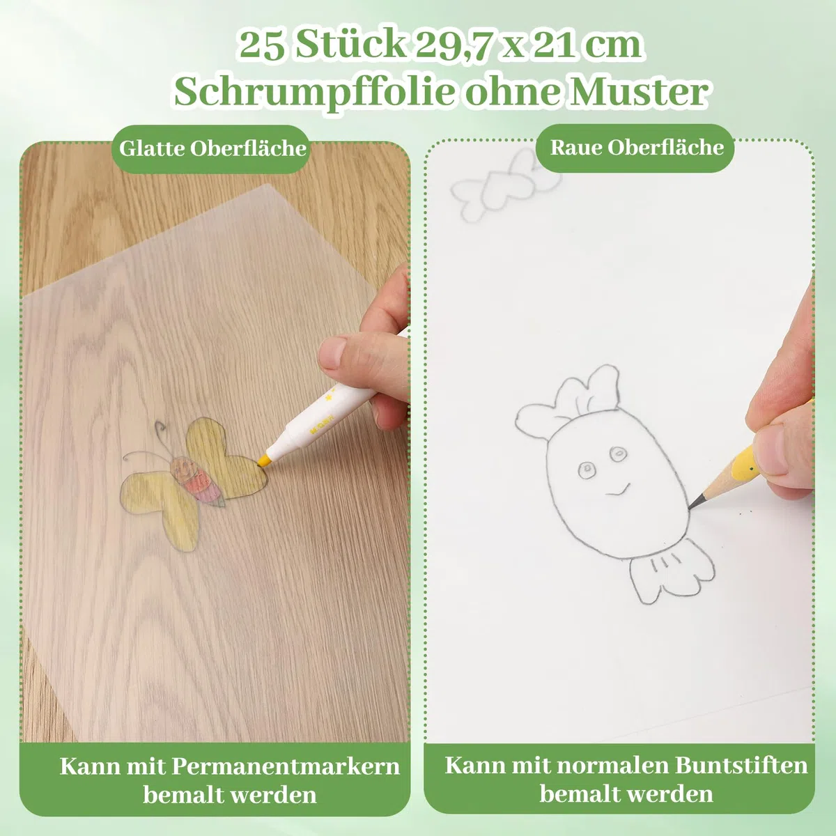 QKJEM Folia termokurczliwa 25 sztuk, matowa, przezroczysta, folia termokurczliwa A4, shrinky dink paper Shrink Plastic, odpowiednia dla dzieci, uczniów, prac ręcznych DIY, plakietek, zawieszek do