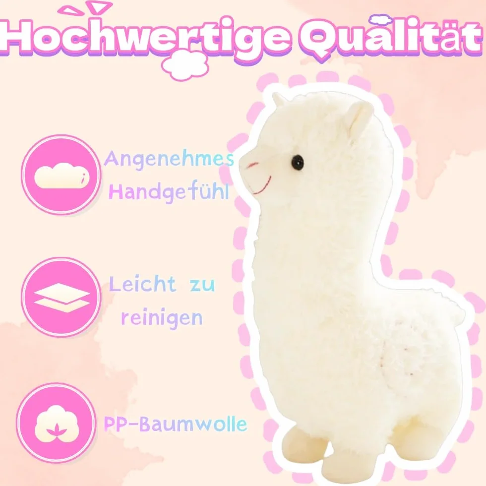 Przytulanka w kształcie alpaki, 28 cm, stojąca, biała, przytulanka alpaka, prezent dla dzieci, dziewczynek, miłośników