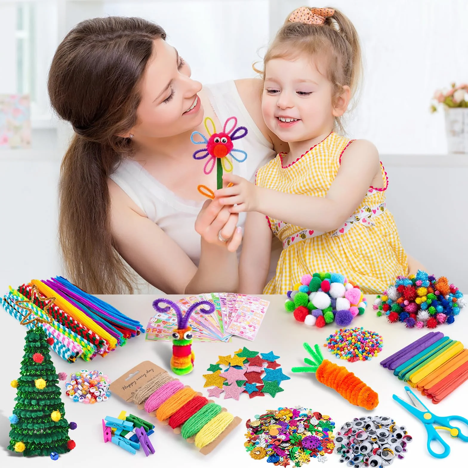Sundaymot Zestaw do majsterkowania dla dzieci, 2000 sztuk, zestaw do majsterkowania, zestaw z zestawem do czyszczenia fajek, oczami, kreatywny, scrapbooking, torba lniana dla dziewcząt, chłopców