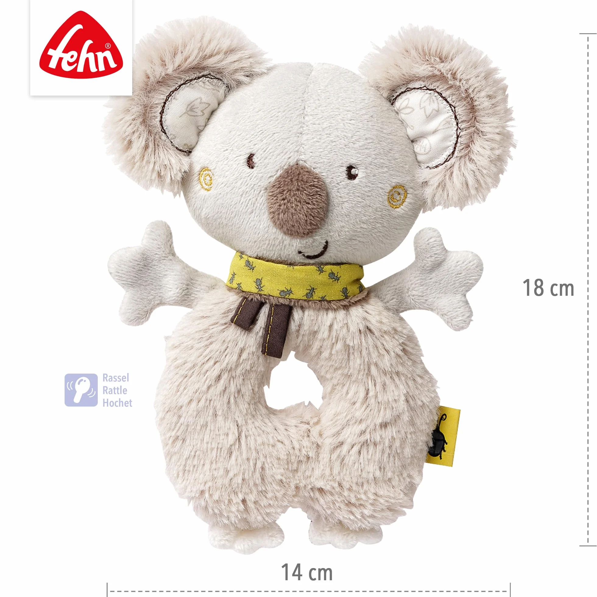 Fehn Pierścień z Motywem Koala - Przytulanka dla Niemowląt z Grzechotką - Zabawka Motoryczna do Nauki i Zabawy - Pluszowa Pomoc w Zasypianiu