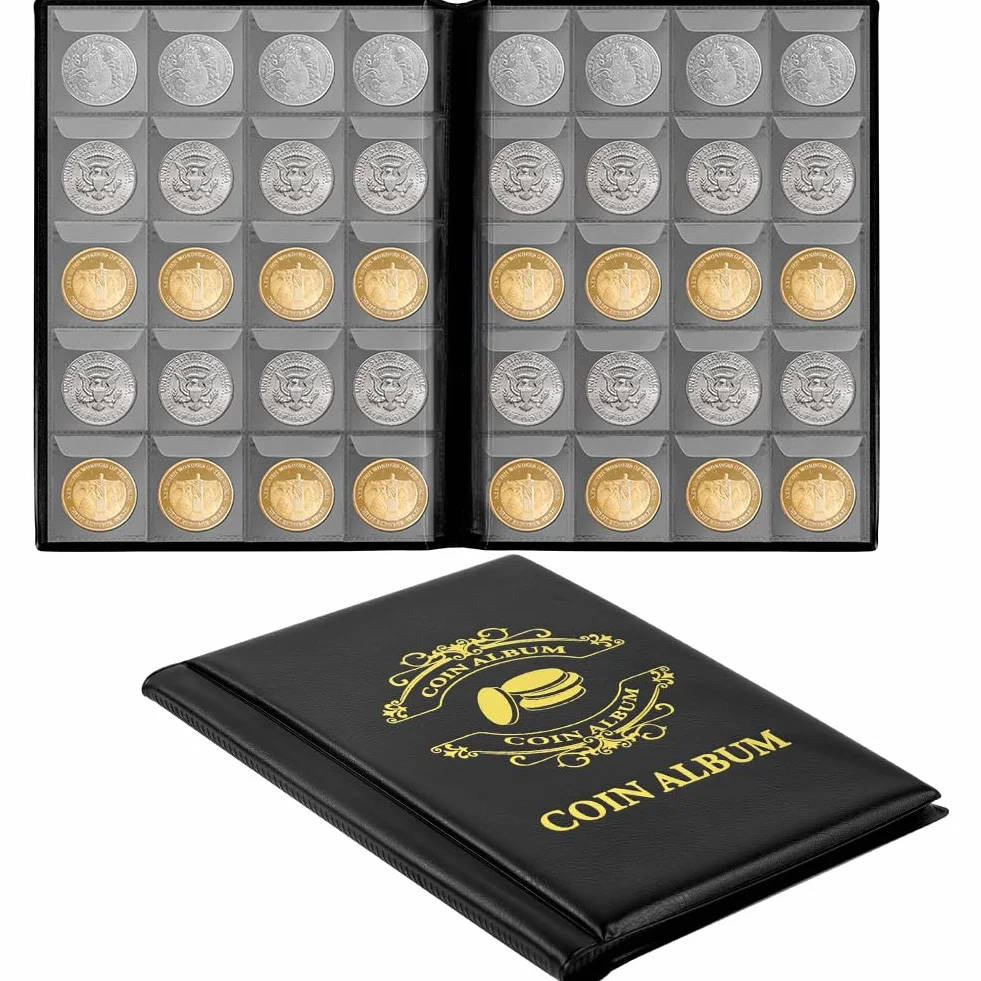 Vicloon Album kolekcjonerski na monety, 200 kieszeni, 2 euro, uniwersalny album na monety 3,5 x 4 cm, przezroczysty album kolekcjonerski na monety, znaczki pocztowe, medale, odznaki