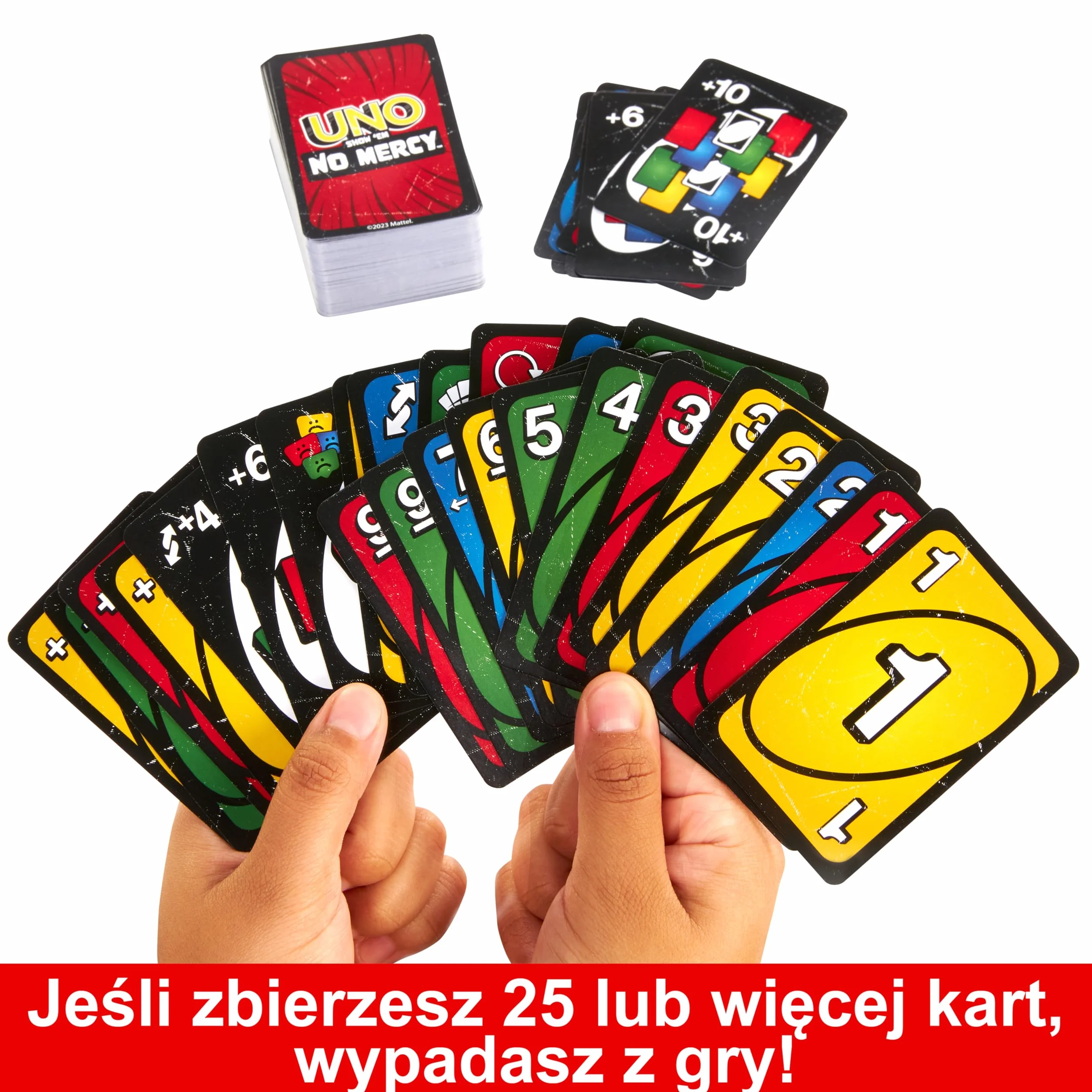 UNO No Mercy Bez litości Gra dla dzieci, dorosłych, przyjaciół i rodzin, na imprezy i podróże, zawiera dodatkowe karty, reguły specjalne i surowsze kary., HWV18