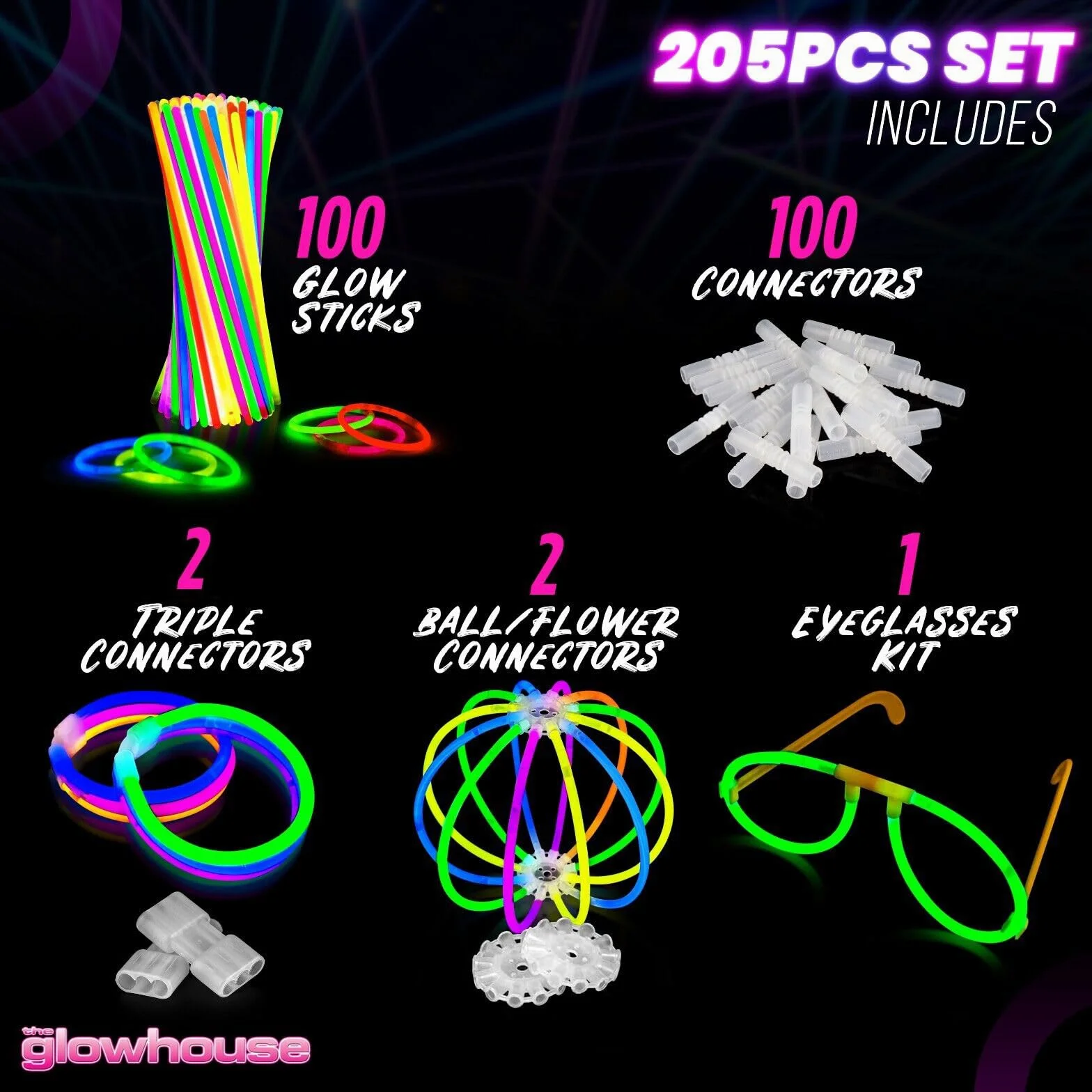 100 sztuk wysokiej jakości bransoletek Glowhouse Glow Stick, indywidualne kolory, Misura unica, Metal