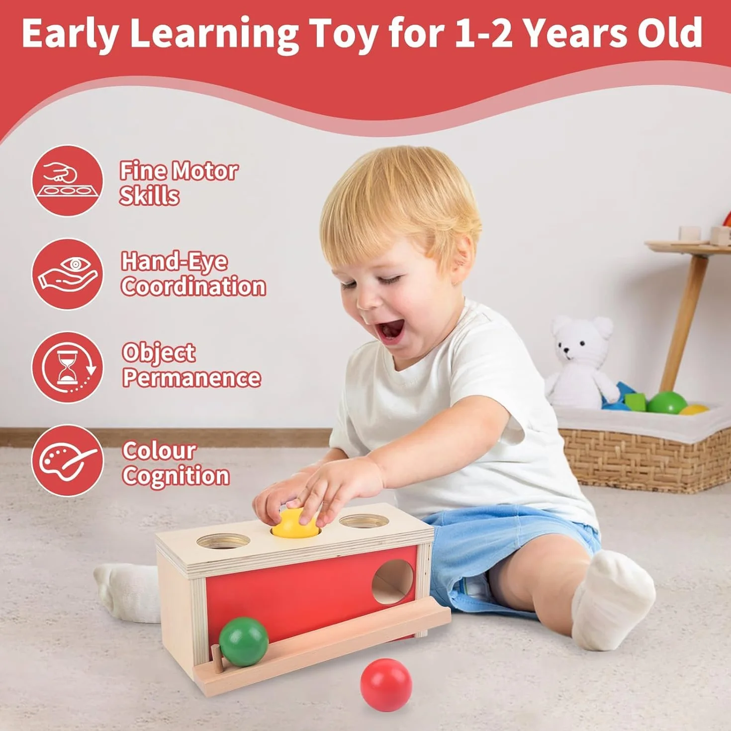 Montessori zabawka od 1 roku, drewniana zabawka dla niemowląt od 9 miesięcy, pudełko stałości obiektu dla niemowląt 12-18 miesięcy, zabawka motoryczna do wczesnego rozwoju, prezent dla