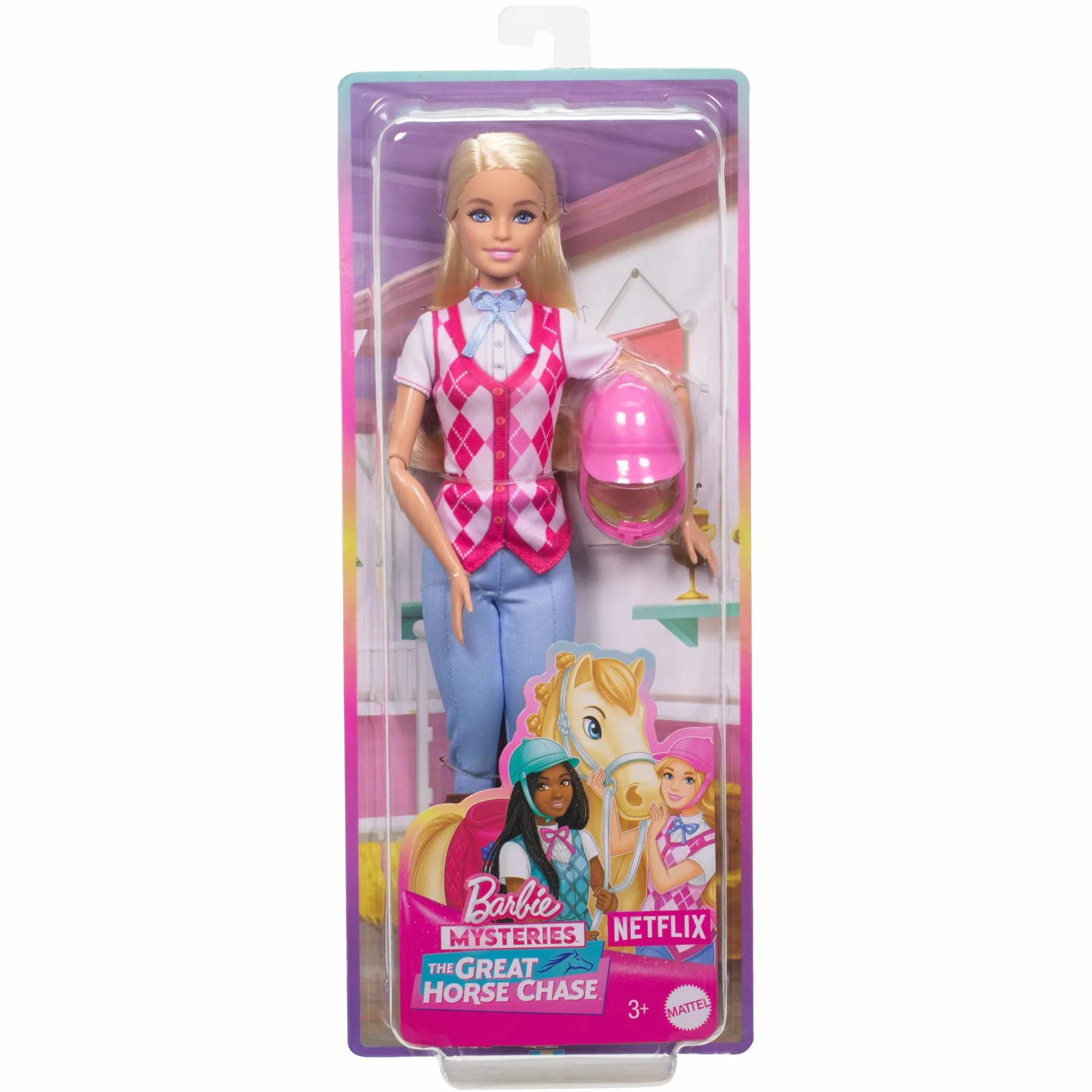 Barbie Lalka Dżokejka Malibu zabawka dla dzieci od 3 lat Lalka filmowa w zdejmowanym stroju i toczku oraz akcesoria inspirowane serialem „Barbie Mysteries: The Great Horse Chase”, HXJ38