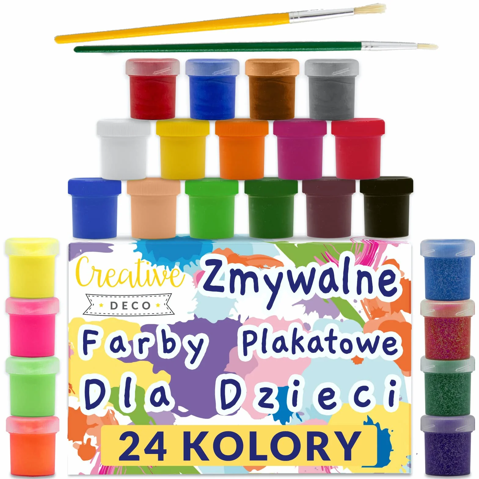 Creative Deco Zestaw Farb Plakatowych | 20 ml x 24 Kolorów | Nietoksyczne | Podstawowe, Neonowe, Brokatowe, Metaliczne i Intensywne Kolory | Idealne dla Dzieci, Studentów, Artystów, Pasjonatów Sztuki