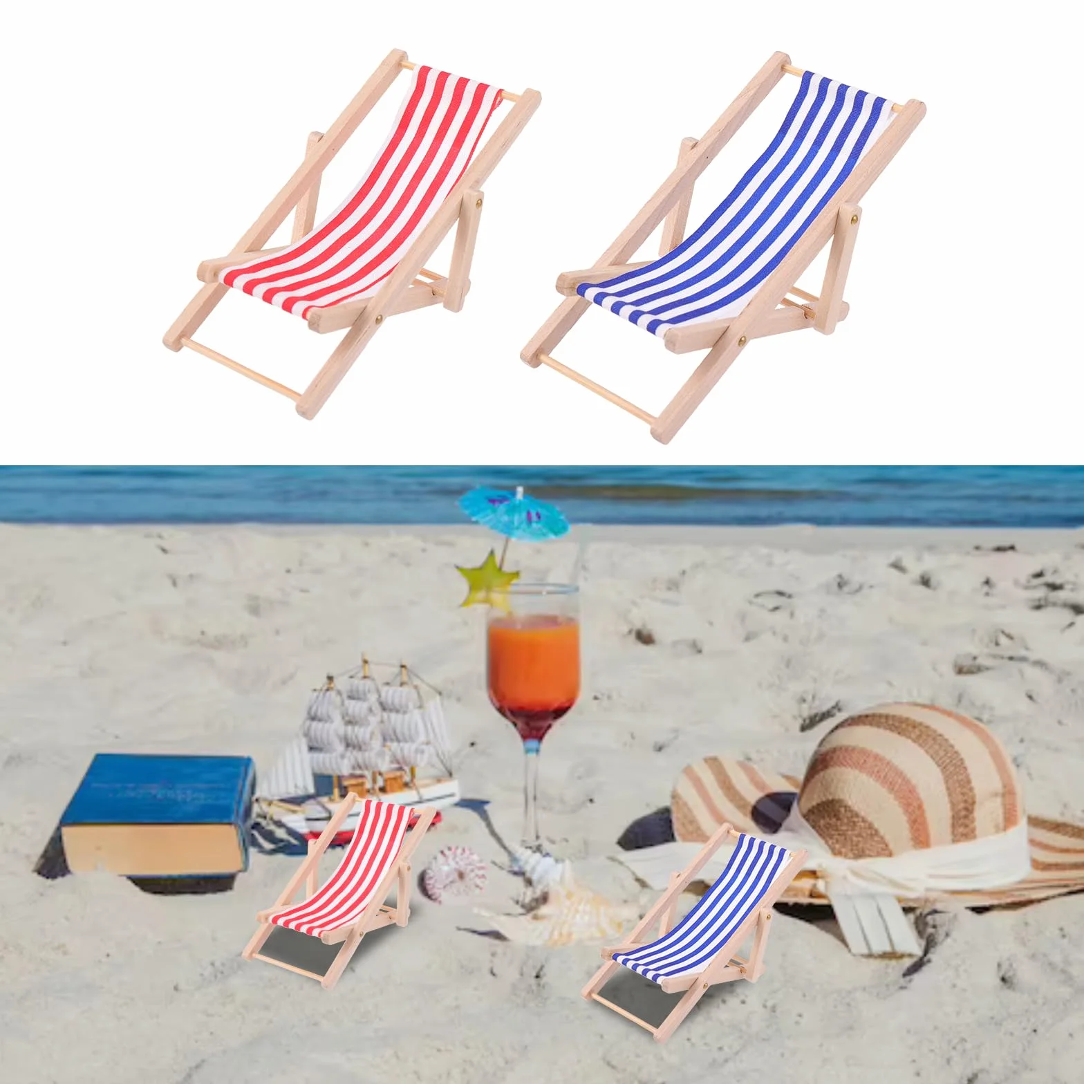 Cobee Miniaturowe krzesło plażowe do domku dla lalek, 4 szt., 1:12, plaża, miniaturowy domek dla lalek, dekoracja na zewnątrz, mini lalka, podwójne leżaki, parasol, stół do samodzielnego wykonania