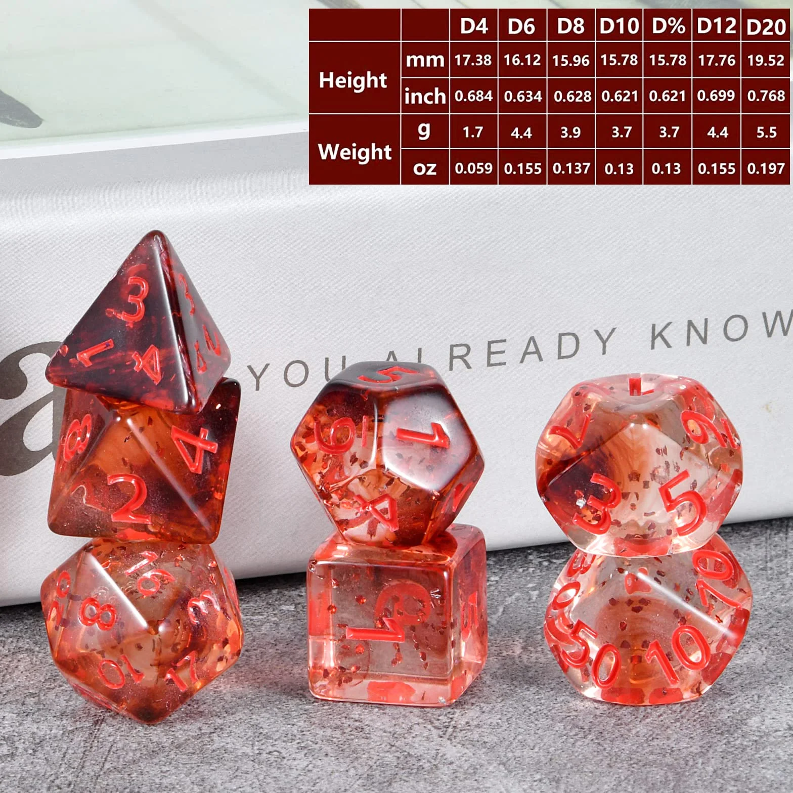 Kryształowa wstążka kości - czerwone, 7-częściowy zestaw wielościenny, materiał akrylowy, D4, D6, D8, D10, D12, D20, idealne do D&D, MTG, gier stołowych