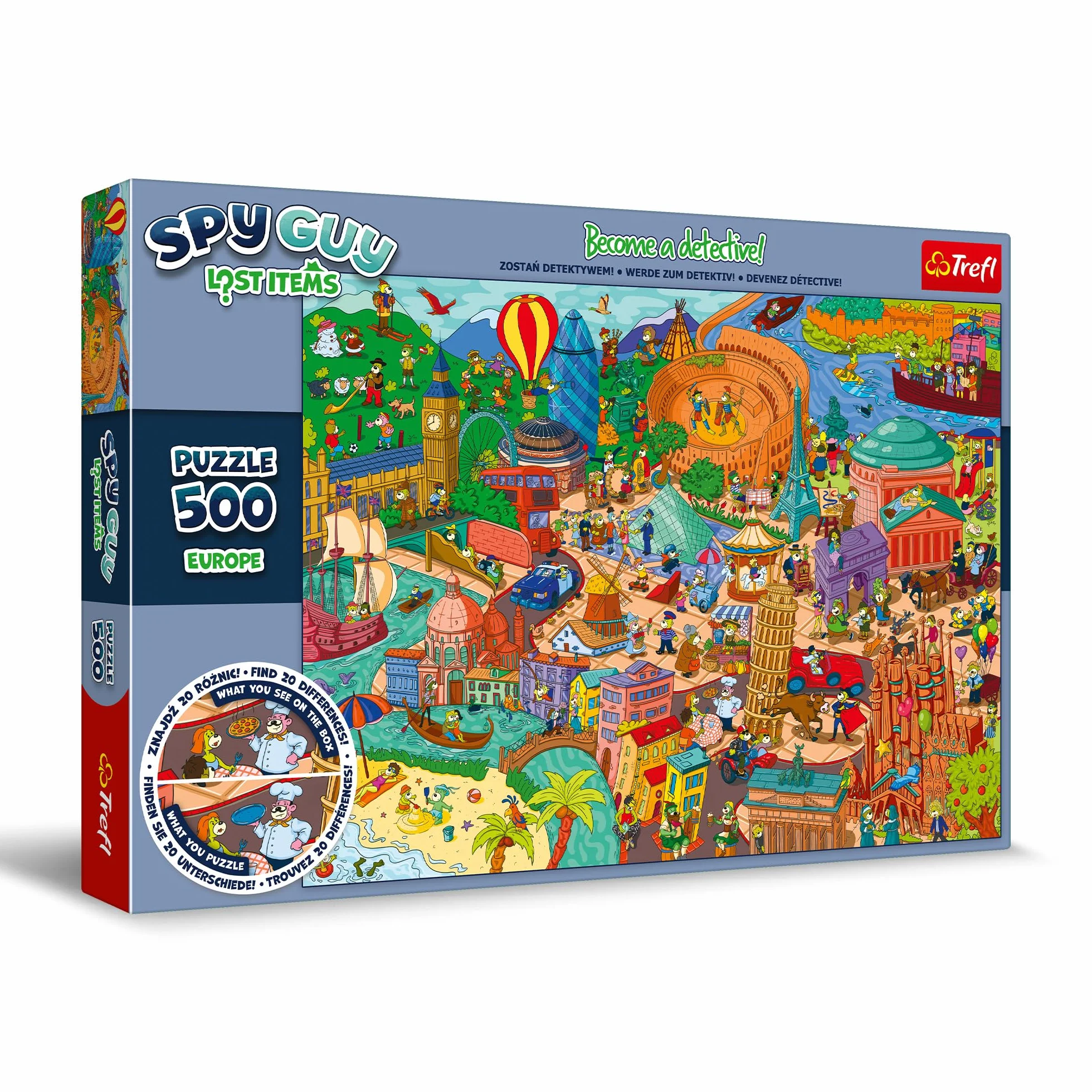 Trefl - Puzzle Spy Guy Lost Items: Europa - 500 Elementów, Zostań Detektywem i Znajdź 20 Różnic, Zagubione Przedmioty, Kreatywna Rozrywka dla Dorosłych i Dzieci od 10 Lat