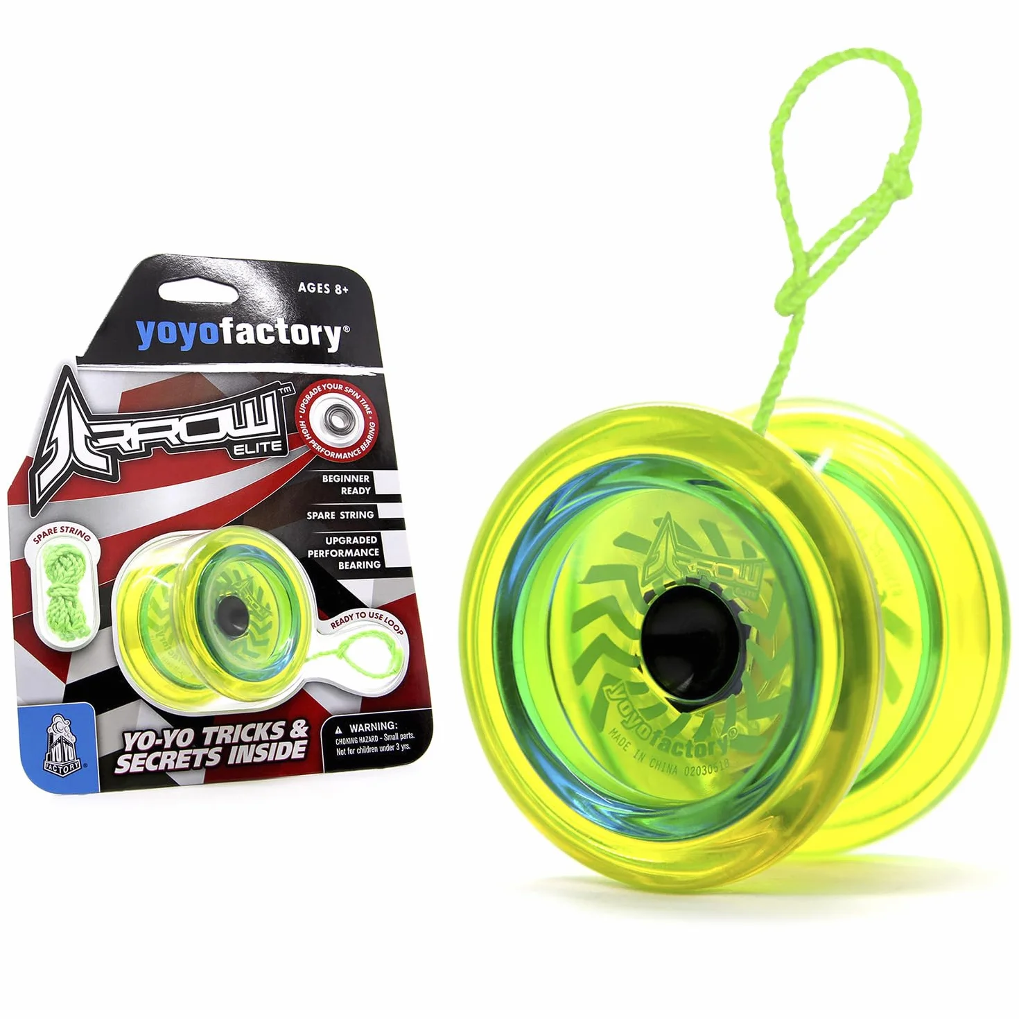 YoyoFactory Arrow Yo-Yo – żółty (od początkującego do profesjonalisty, 2 metalowe łożyska kulkowe, sznurek i instrukcja w zestawie)