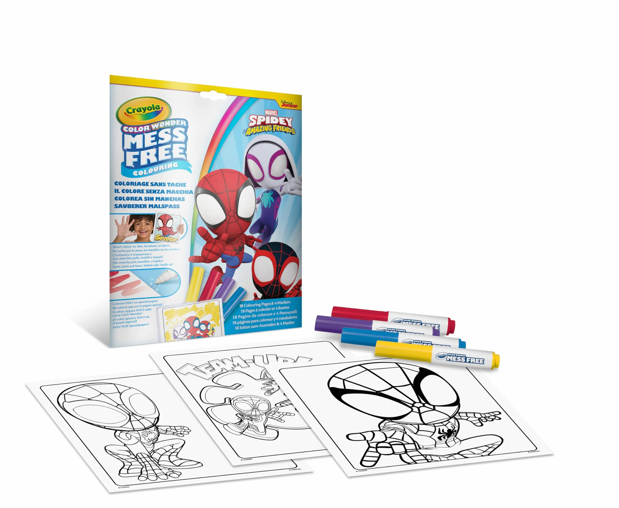 Crayola - Color Wonder, zestaw do kolorowania Spidey z 18 stronami do kolorowania i 4 flamastrami niebrudzącymi, kreatywne zajęcie dla dzieci w wieku 3,4,5 lat, 75-4611