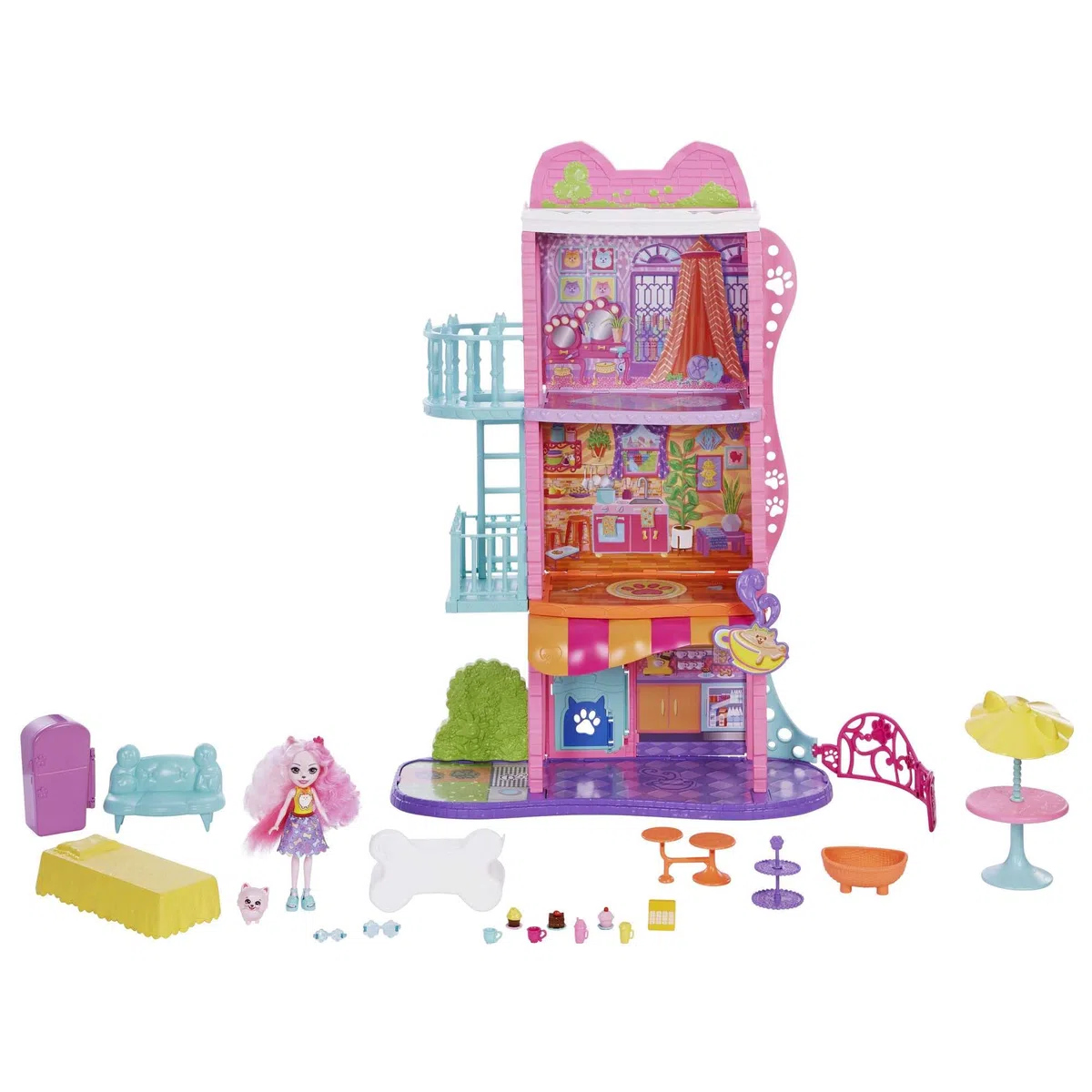 Enchantimals City Tails Apartament Palmer Pomeranian i Pommy Domek dla lalek 3 piętra z figurą, piesek, meble i akcesoria, zabawka na prezent +4 lata (Mattel HHC18)