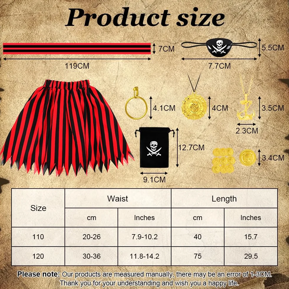 AOOWU Kostium pirata dla dziewcząt, zestaw do odgrywania ról, ze spódnicą piracką i opaską na głowę, sukienka księżniczki Buccaneer dla dziewcząt, przebranie kapitana pirata, na przyjęcie urodzinowe