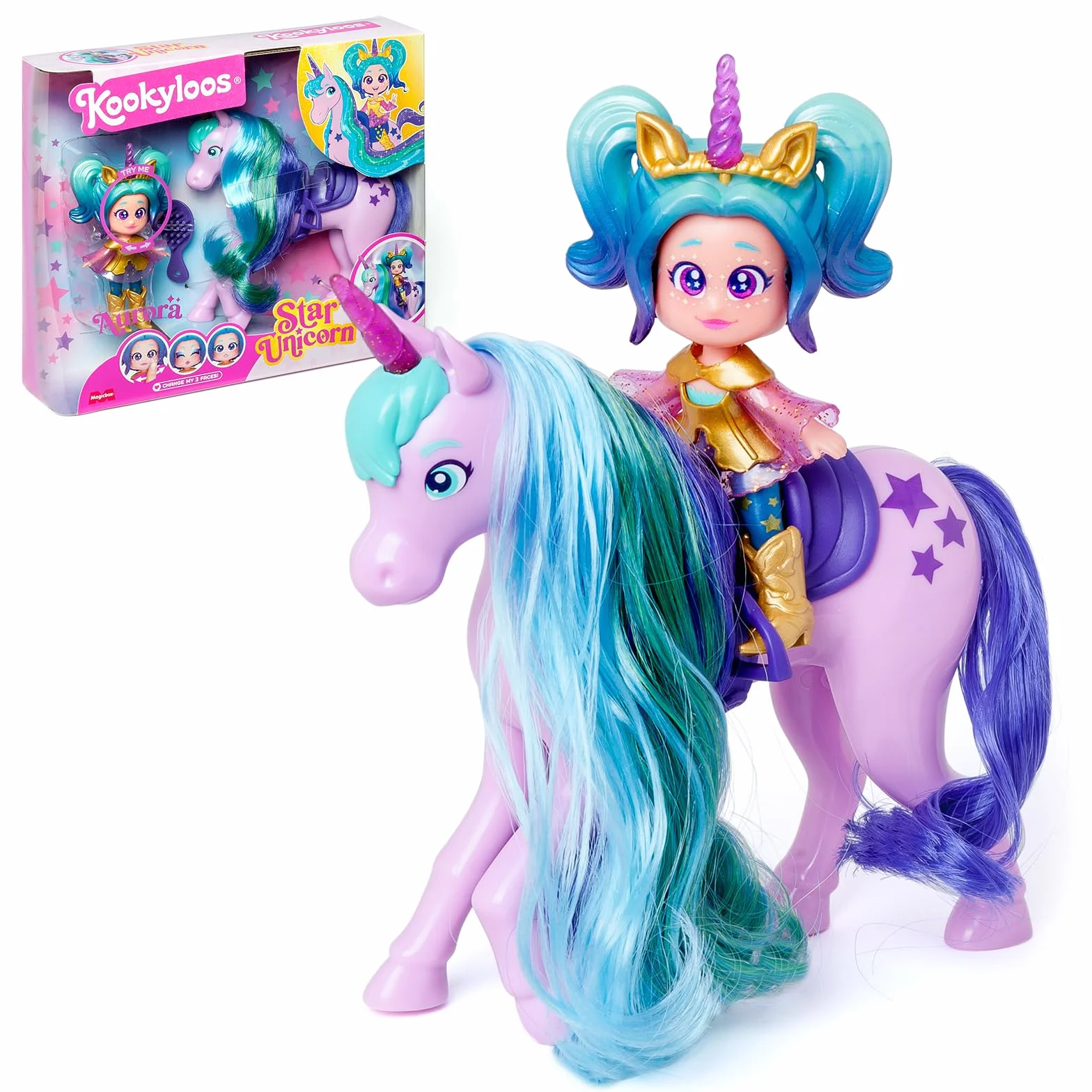 KOOKYLOOS Star Unicorn – Jednorożec z prawdziwymi włosami oraz laleczka Aurora. Zawiera jednorożca Star, ekskluzywną lalkę Kookyloos Aurora, modne ubrania i buty, 1 szczotkę i 1 akcesorium.