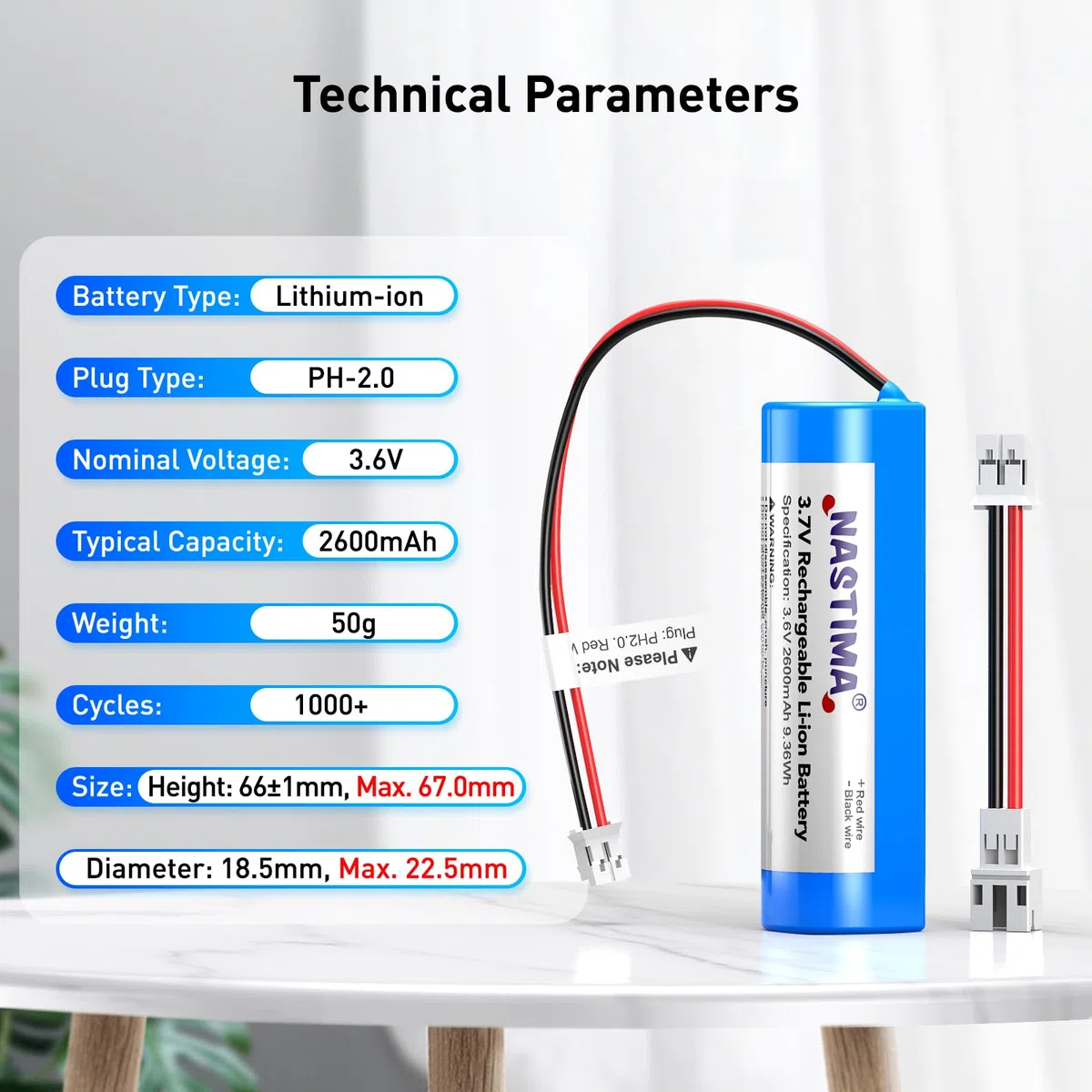 Bateria litowo-jonowa NASTIMA PH2.0/2P 3,7V 2600mAh 9,36Wh do ponownego naładowania z kablem do przełączania polaryzacji, do elektroniki DIY, wzmacniaczy mowy, zabawek RC, urządzeń Bluetooth