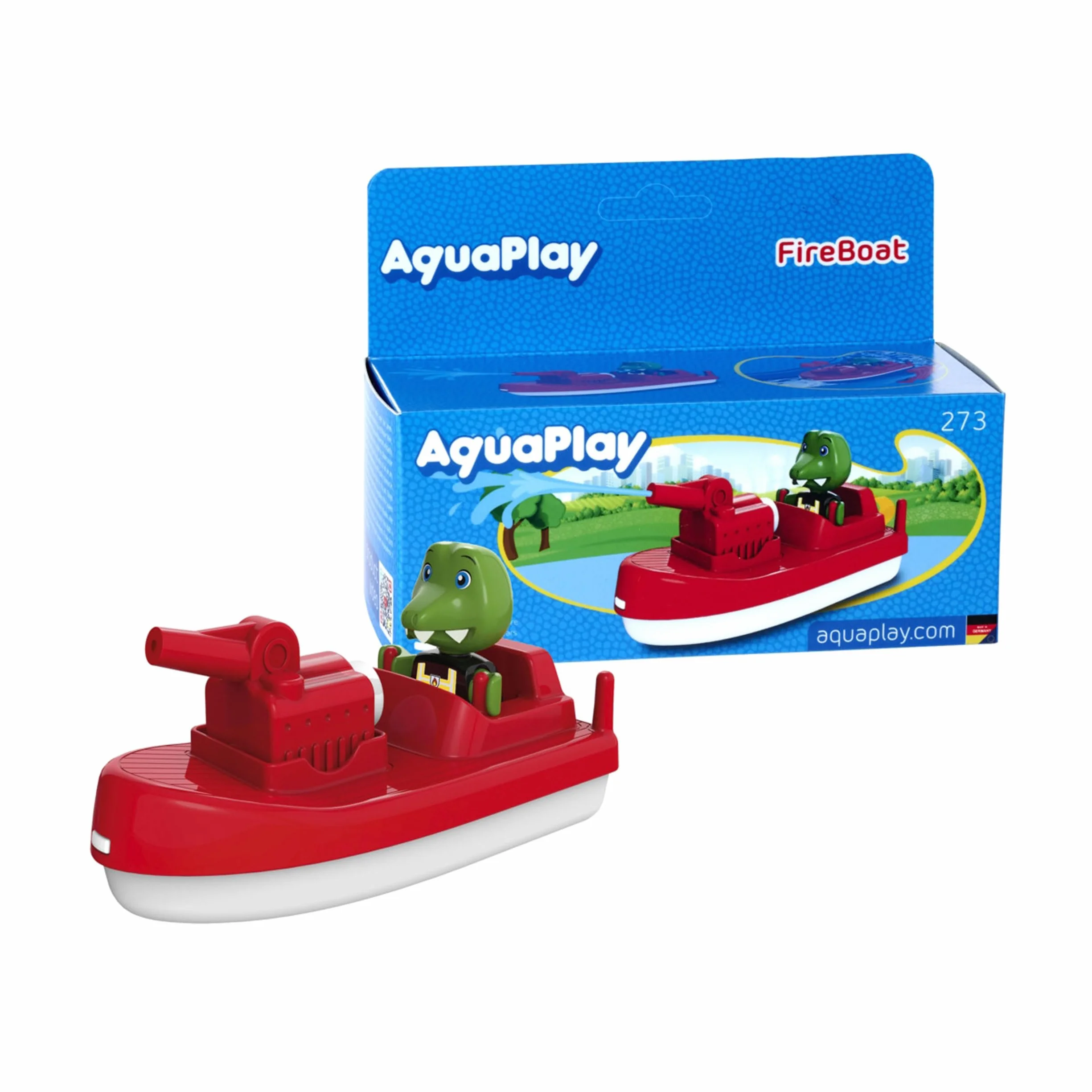 AquaPlay 8700000273 - FireBoat – akcesoria do torów wodnych AquaPlay lub wanny, straż pożarna z Sven dem krokodyl, funkcja natrysku wody, dla dzieci od 3 lat, czerwony