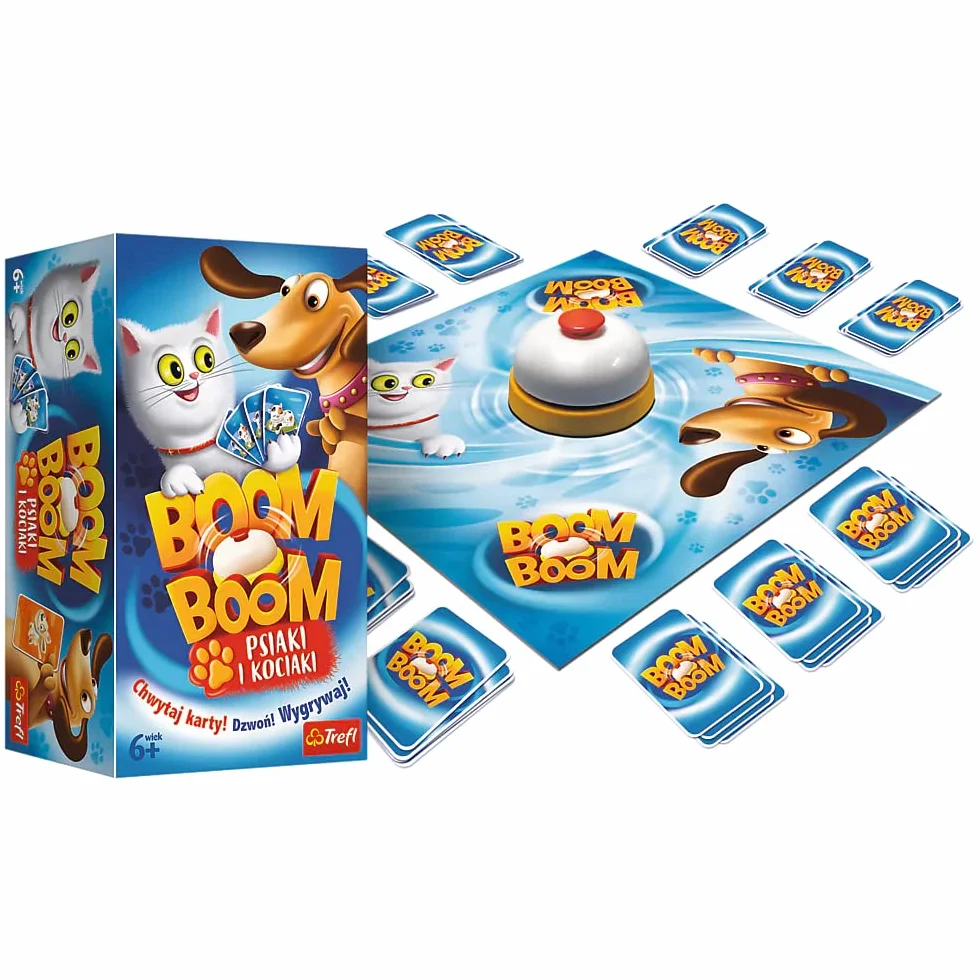Trefl, Boom Boom, Psiaki i Kociaki, Dynamiczna Gra Familijna, Zabawa Dla Całej Rodziny, Gra Karciana z Dzwonkiem, Pieski, Kotki, Familijna Gra Dla Dzieci od 6 Lat