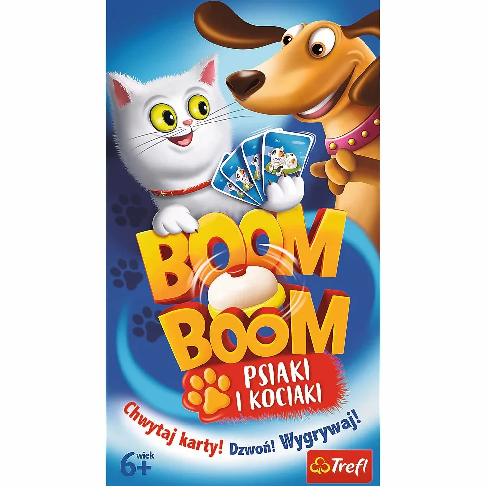Trefl, Boom Boom, Psiaki i Kociaki, Dynamiczna Gra Familijna, Zabawa Dla Całej Rodziny, Gra Karciana z Dzwonkiem, Pieski, Kotki, Familijna Gra Dla Dzieci od 6 Lat