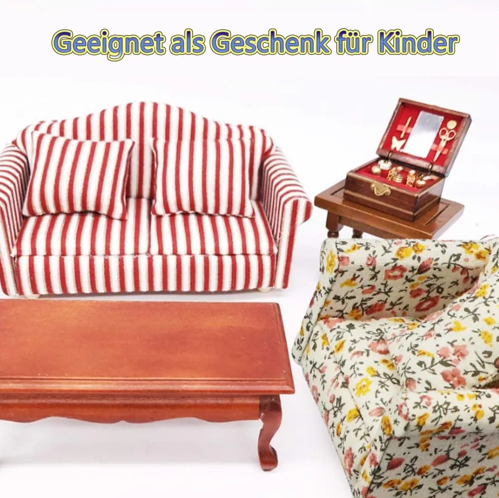 LATRAT Sofa do domku dla lalek, 1:12, miniaturowy mebel, model tkaniny, wzór kwiatowy, kanapa, fotel z poduszkami, akcesoria, wzór kwiatowy, zestaw mini mebli na sofę z poduszką pod plecy, żółte