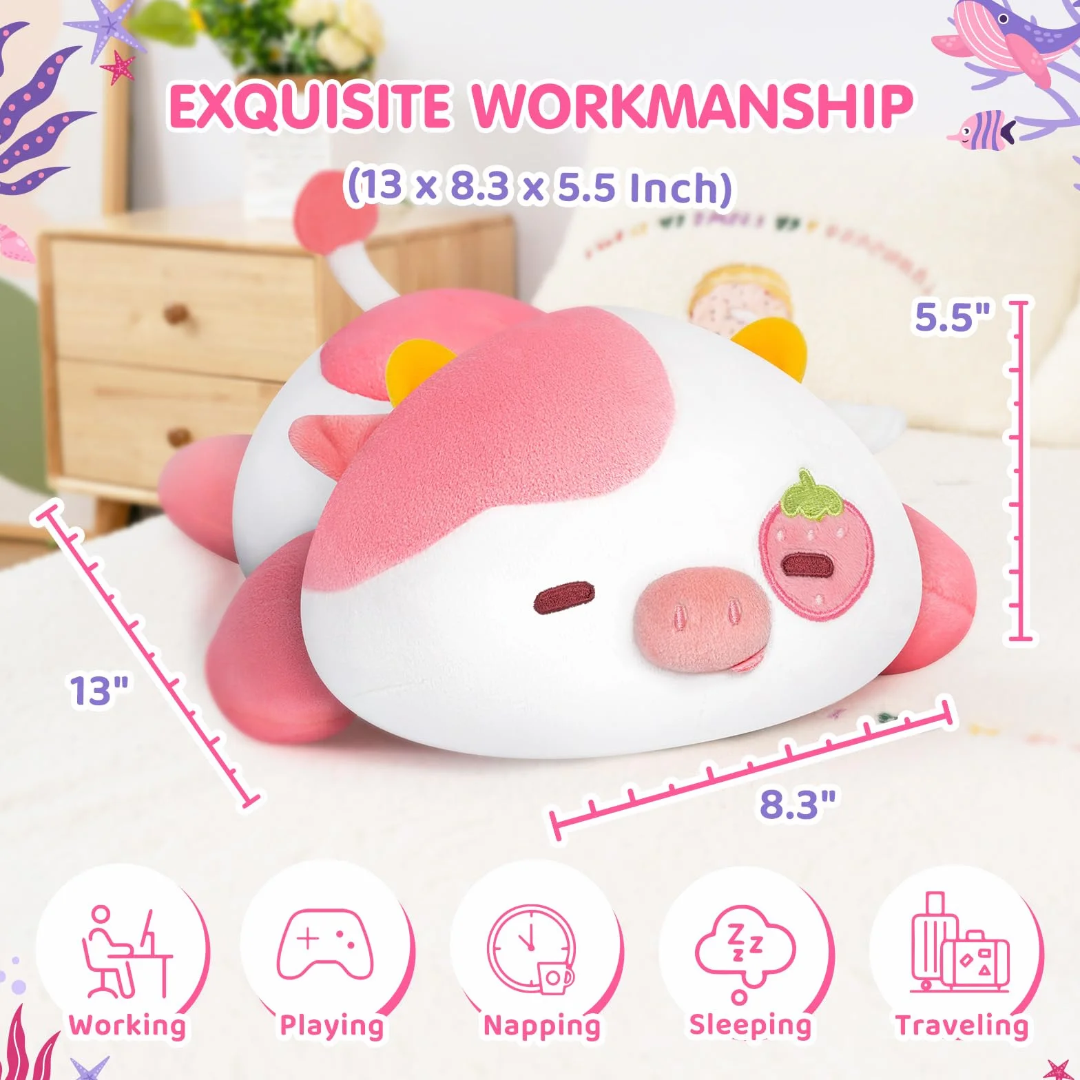 Mewaii Pluszowa urocza krowa 13 cali, poduszka kawaii w kształcie truskawkowej krowy, miękka pluszowa poduszka dla dzieci, przytulanka antystresowa, oryginalny pomysł na prezent