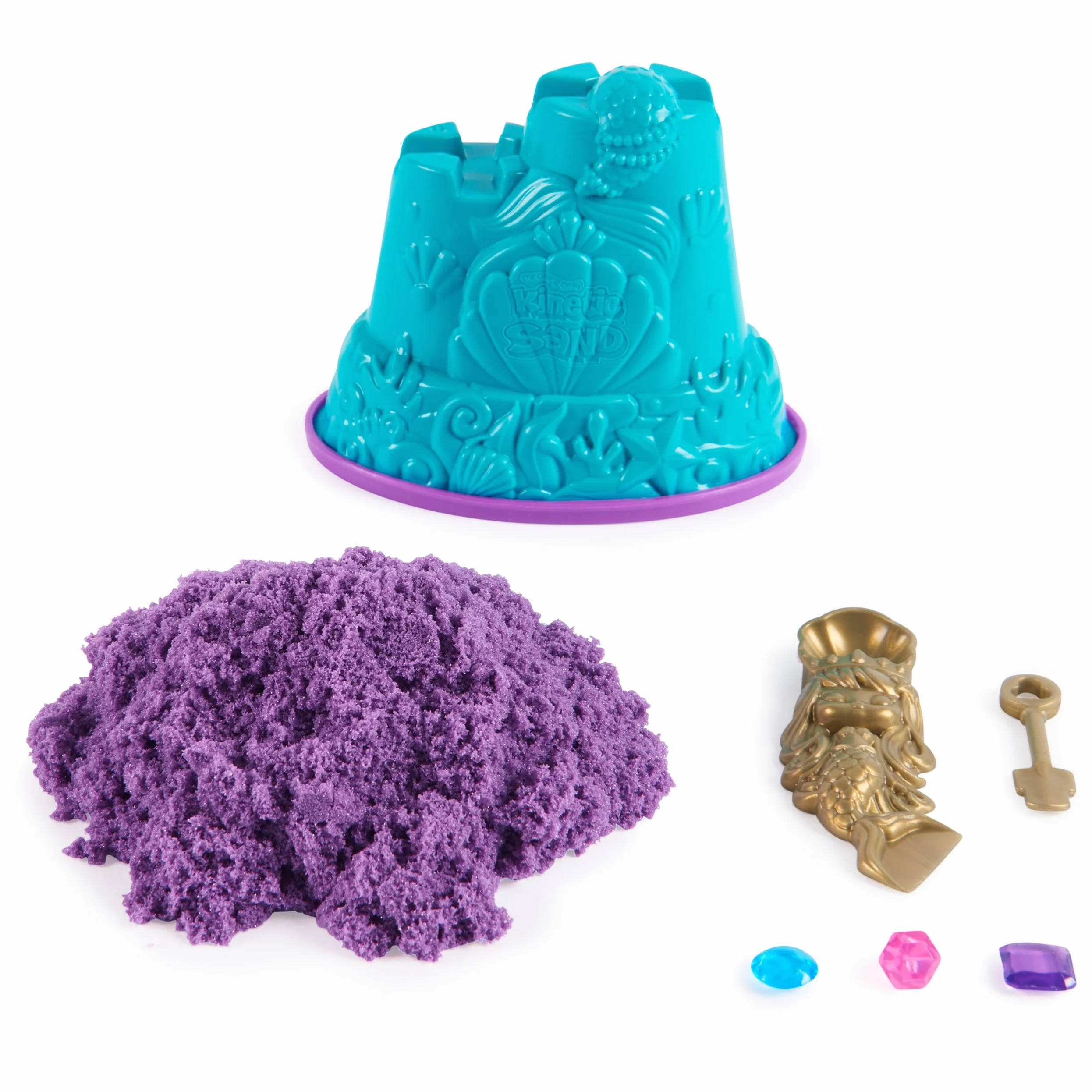 Kinetic piasek, mini zamek syrenki, 170 g piasku, fioletowy magiczny piasek, 1 forma, 2 akcesoria i 3 kamienie szlachetne, zabawka dla chłopców i dziewczynek 3 lata