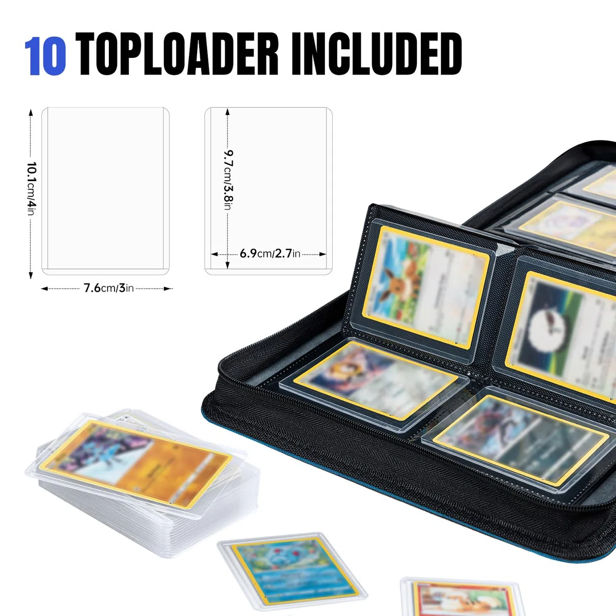 Toploader album na karty, 4 kieszenie z 112 przegródkami na karty kolekcjonerskie z 10 toploaderem, książka, uchwyt na karty Toploader 3"x4", Magic, YuGi Oh, MTG-niebieski