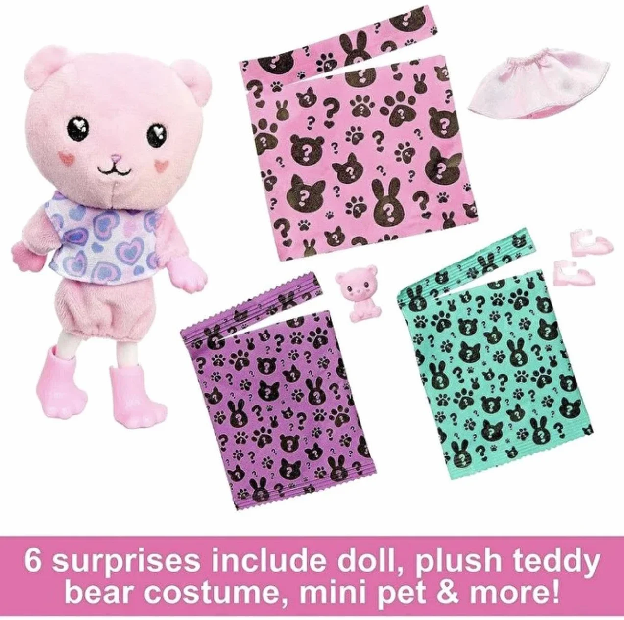 Barbie Cutie Reveal Chelsea Miś Lalka Seria Słodkie stylizacje Mała lalka w kostiumie misia z 6 niespodziankami, w tym zmianą koloru, HKR19
