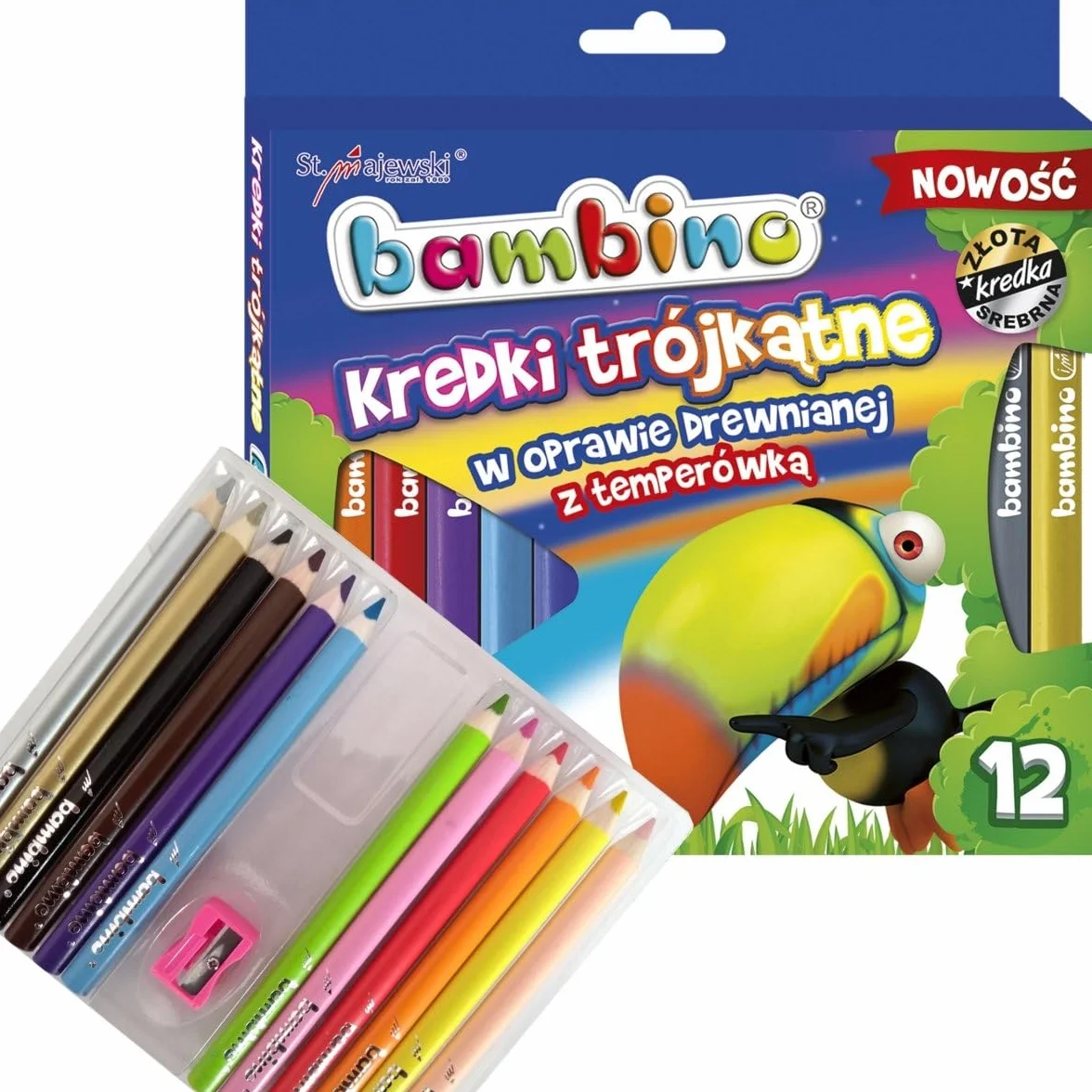 Kredki Bambino drewniane trójkatne 12 kolorów + temperówka