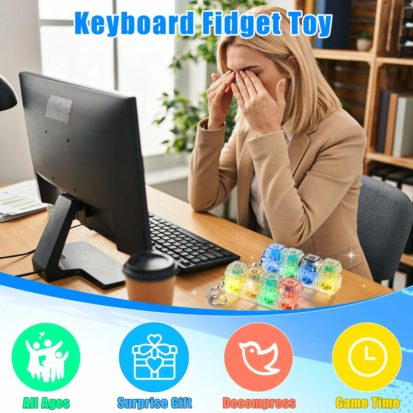 2 sztuki zabawek fidget z klawiaturą, breloczki do kluczy, z 4 przyciskami, zabawna kolorowa zabawka do strachu, biura, szkoły i podróży
