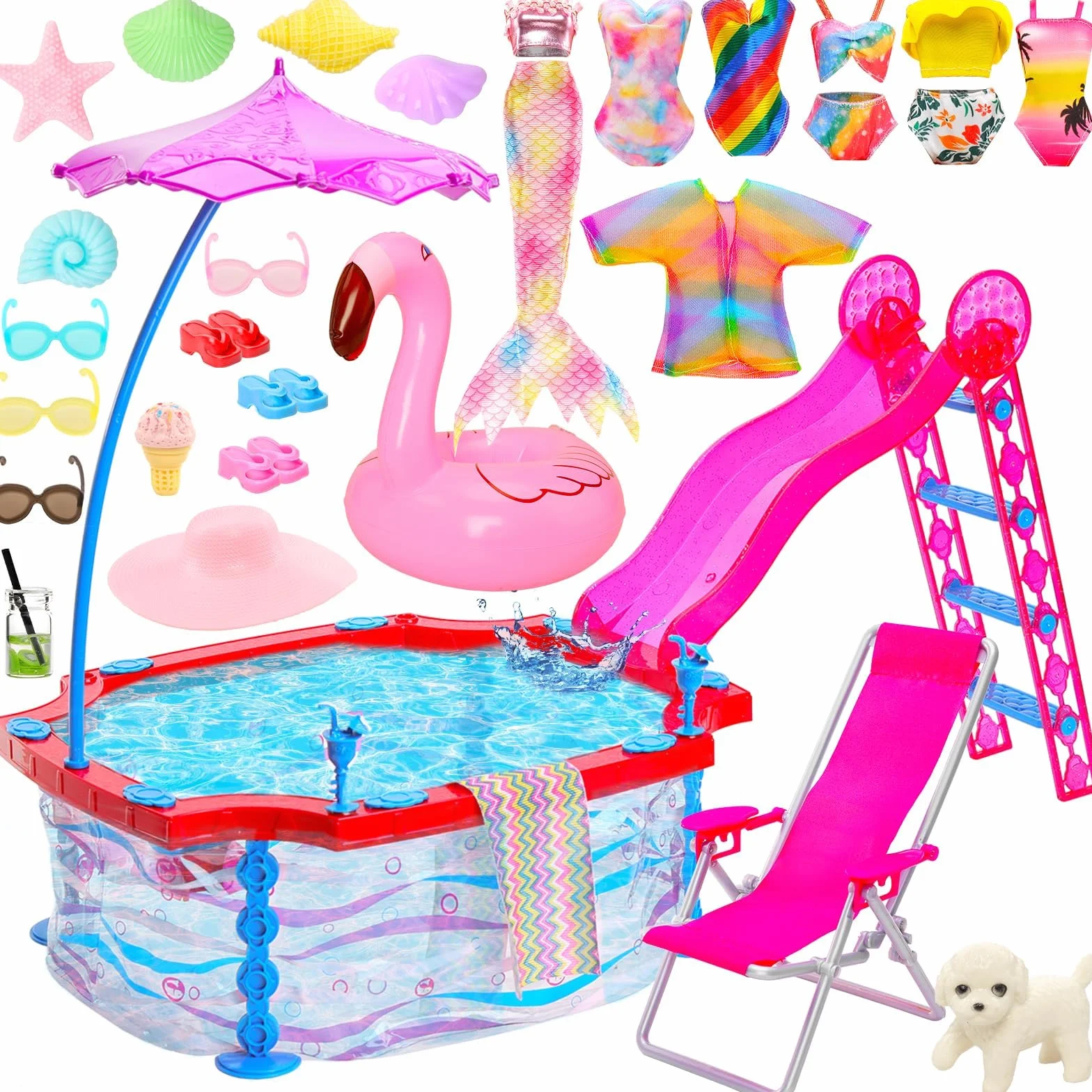 Glam zestaw do zabawy 30 cm, dla dziewczynek, zestaw do zabawy, zawiera basen ze zjeżdżalnią, kostium kąpielowy, strój kąpielowy, bikini, krzesło plażowe, okulary, ręcznik, koło do pływania i inne