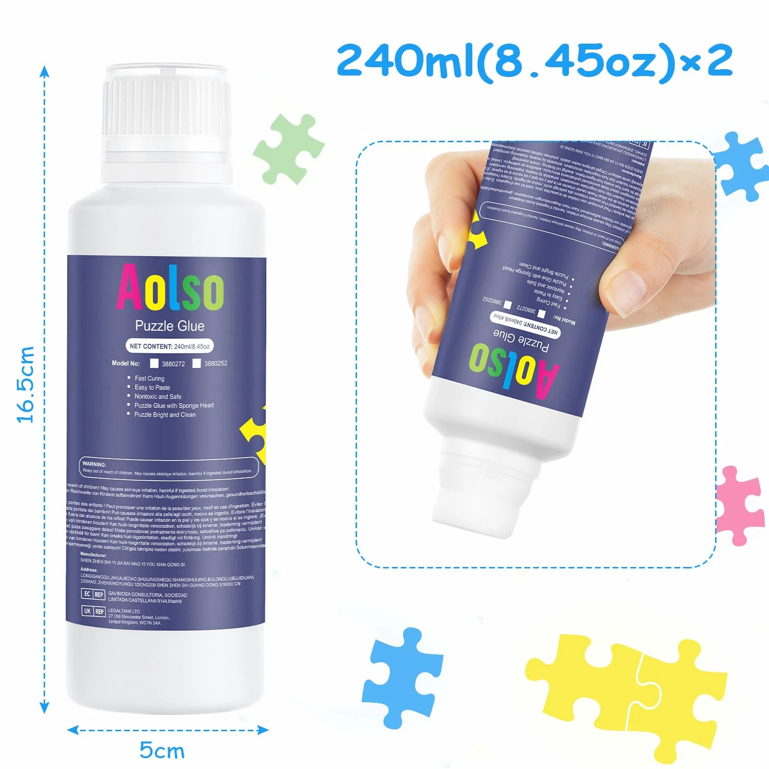 Aolso Klej do puzzli, 2 sztuki, klej oszczędny, 240 ml, do mocowania i zawieszania puzzli, szybkoschnące, puzzle, arkusze samoprzylepne, akcesoria do malowania diamentowego