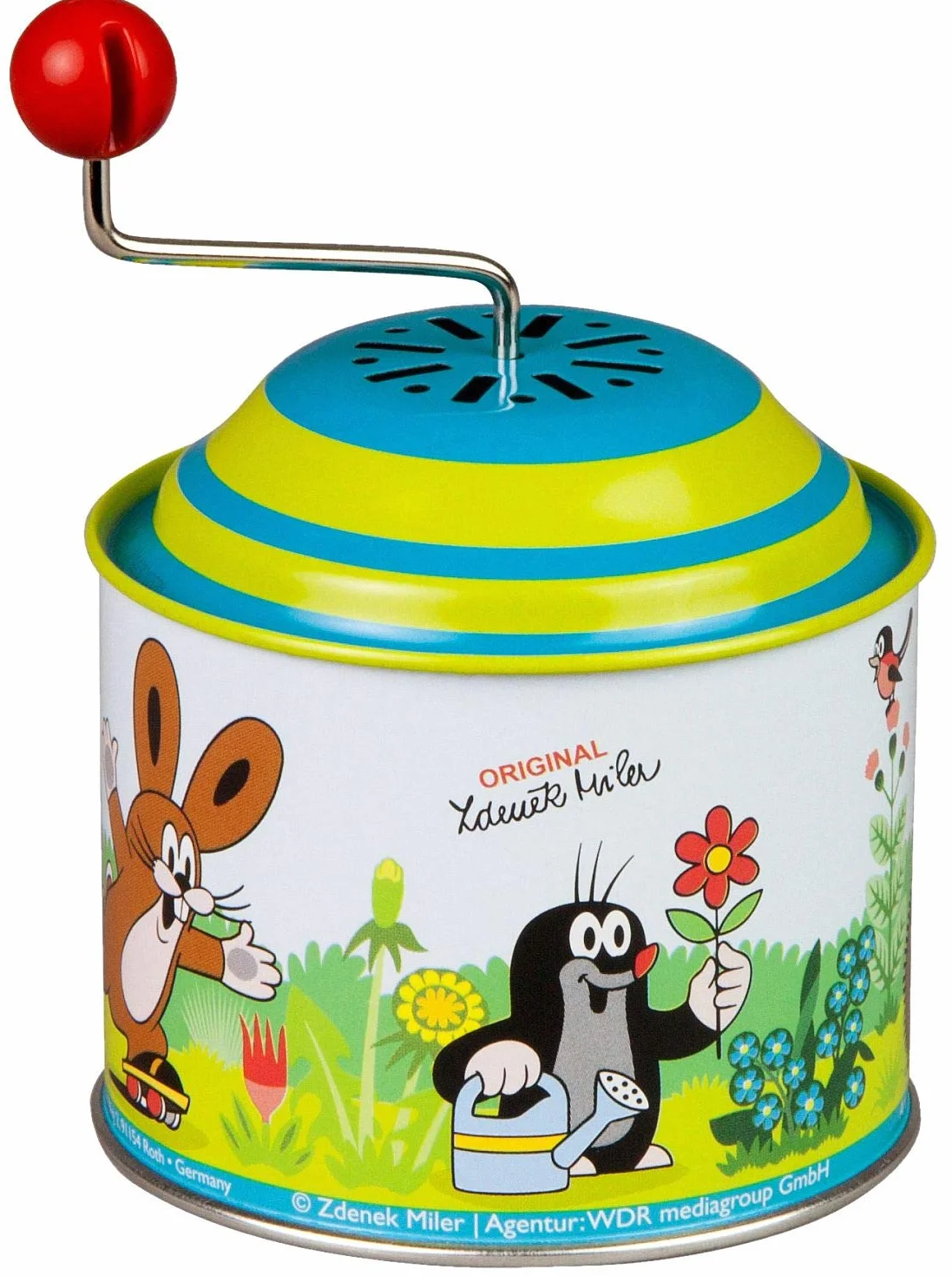 Lena tin Toys 52768 - muzyczna obrotowa puszka z małym kretem, puszka muzyczna ok. 10,5 x 7,5 cm, blaszana tokarka z melodią wiosny, metalowa puszka obrotowa dla dzieci od 18 miesięcy, organy z