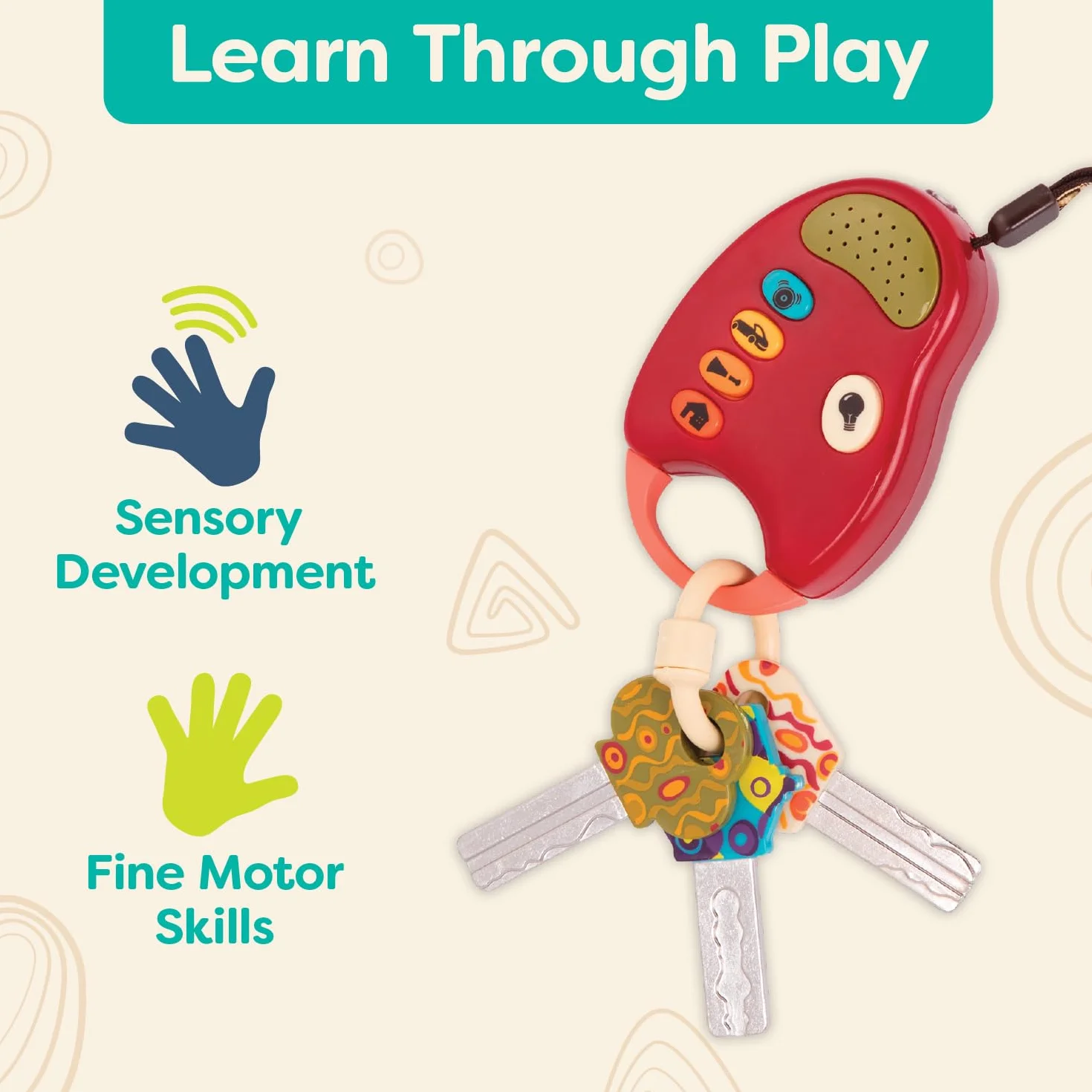 B. toys – FunKeys Toy – Funky Toy Keys dla małych dzieci i niemowląt – zabawka kluczyki samochodowe i czerwony pilot zdalnego sterowania z jasnością i dźwiękami – w 100% nietoksyczne i wolne od BPA