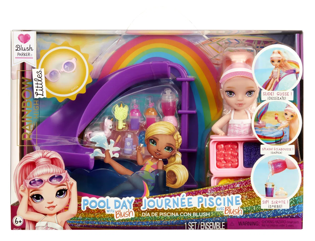 Rainbow High Littles Pool Day with Blush Playset – W Zestawie Mała Różowa Laleczka (14 cm), Basen z Tęczową Zjeżdżalnią, Akcesoria, Stoisko z Koktajlami, dla Dzieci w Wieku 4+